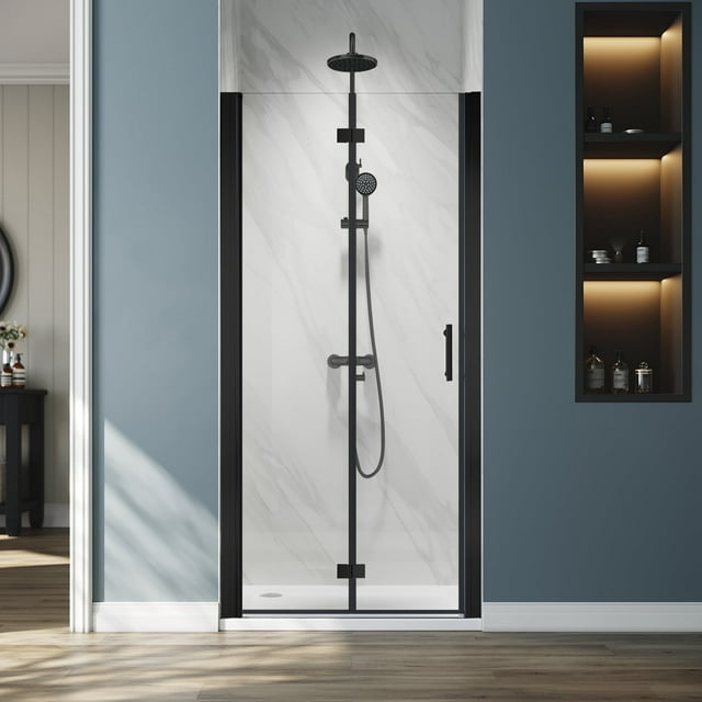 Sunny Shower Bifold Pivot Swing Frameless Shower Door in Black 34 in.W x 72 in.H