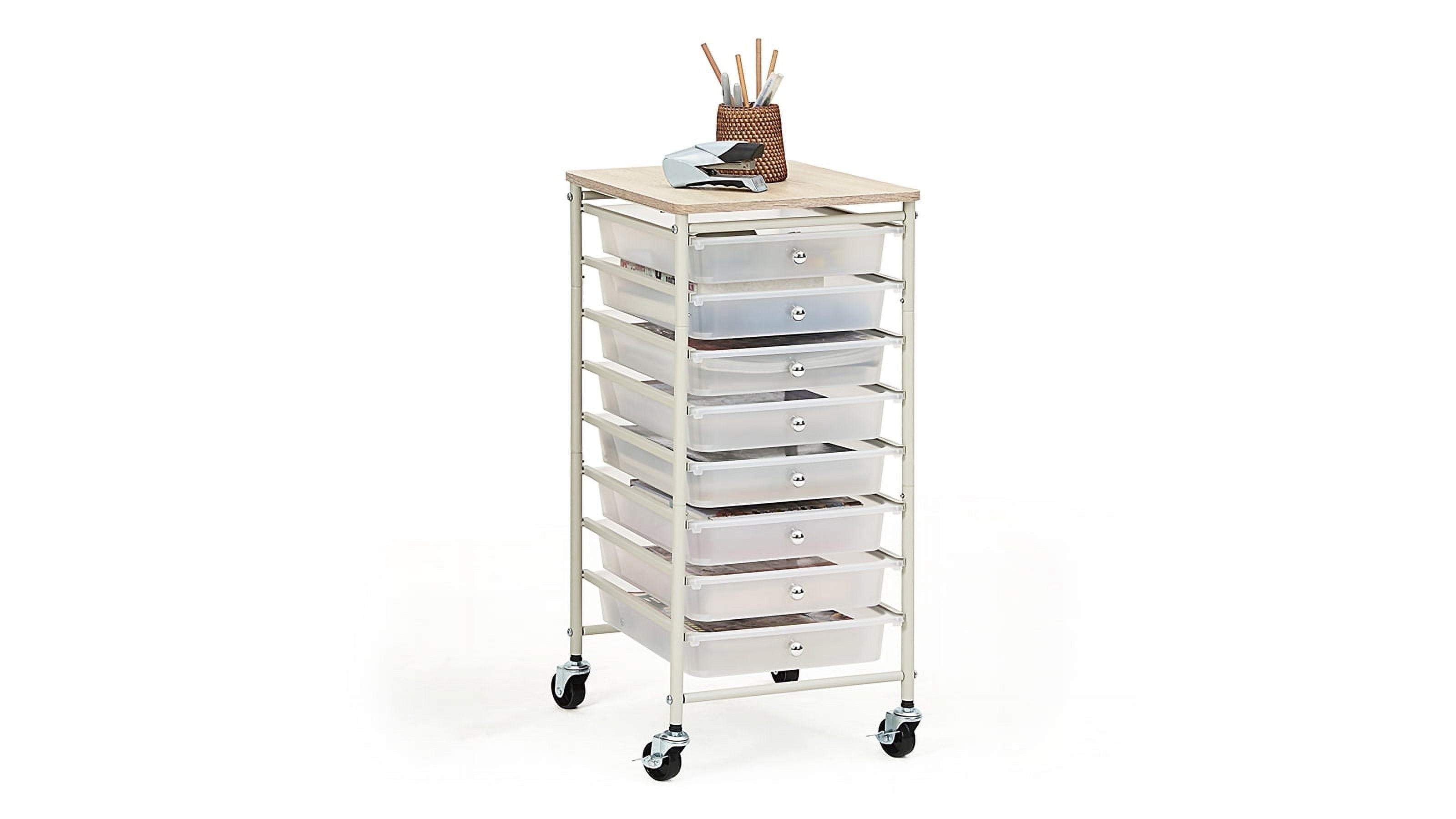 SunnyPoint 8-Drawer Rolling Storage Cart with Wooden Top – Mobile Organizer with Lockable Wheels for Office, Home, and Closet Storage (White)