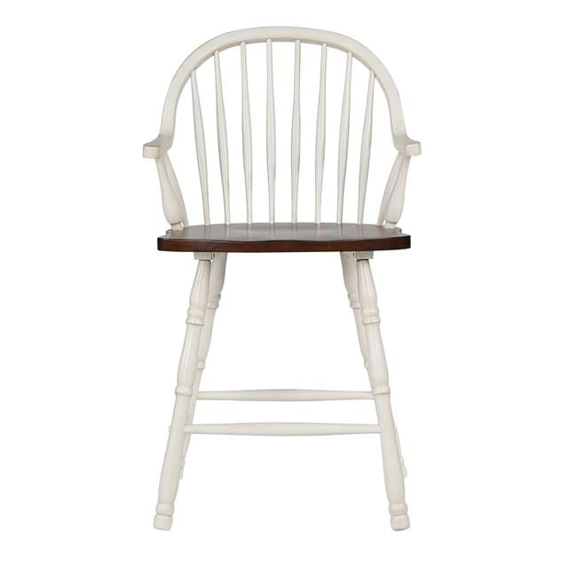 Sunset Trading 41 x 23.5 x 25 in. Andrews Counter Height Windsor Arm Stool Antique White & Chestnut Brown - Set of 2