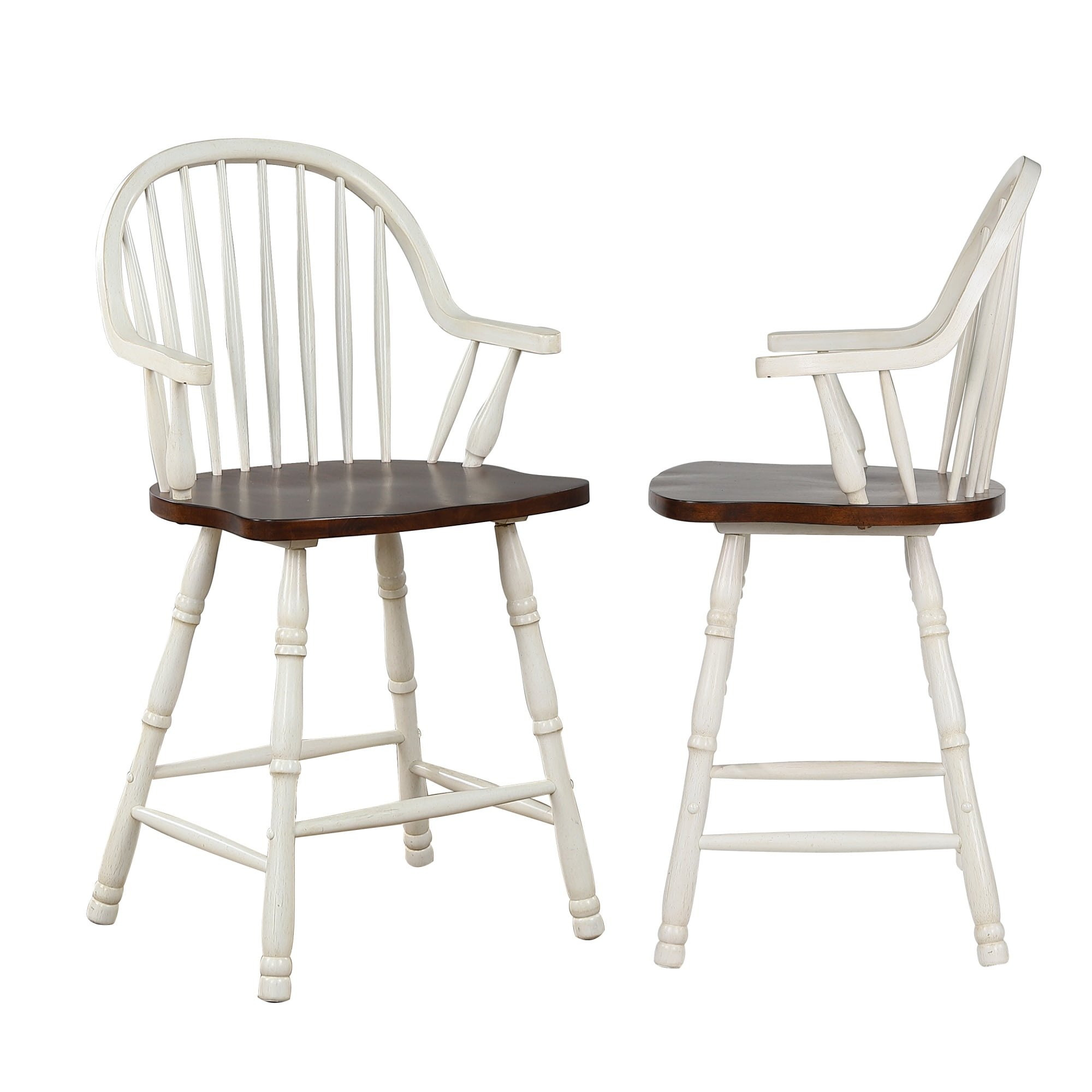 Sunset Trading 41 x 23.5 x 25 in. Andrews Counter Height Windsor Arm Stool Antique White & Chestnut Brown - Set of 2