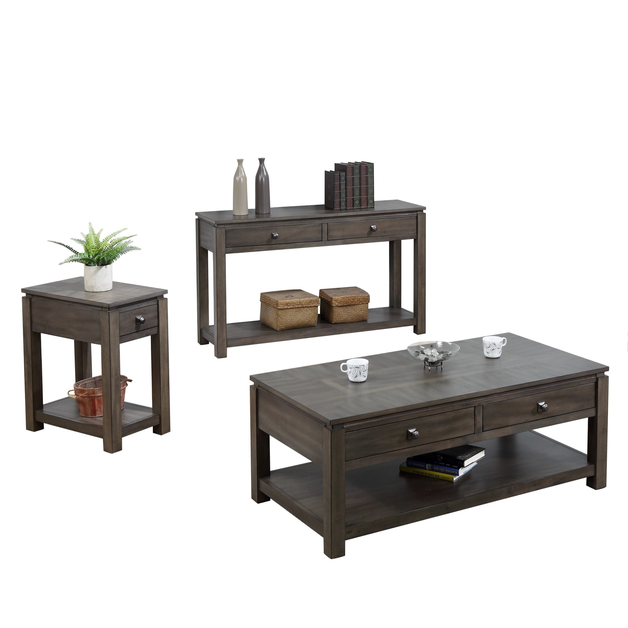 Sunset Trading Shades of Gray 3-Piece Drawers Wood Living Room Table Set in Gray