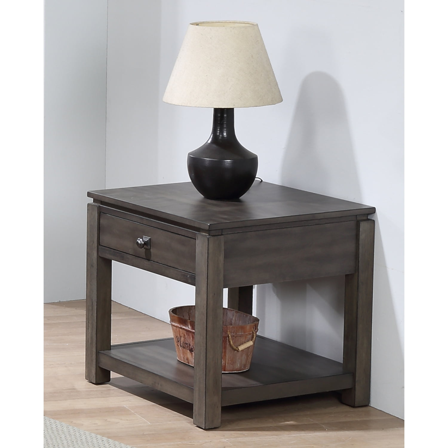 Sunset Trading Shades of Gray Wood End Table with Drawer and Shelf in Gray