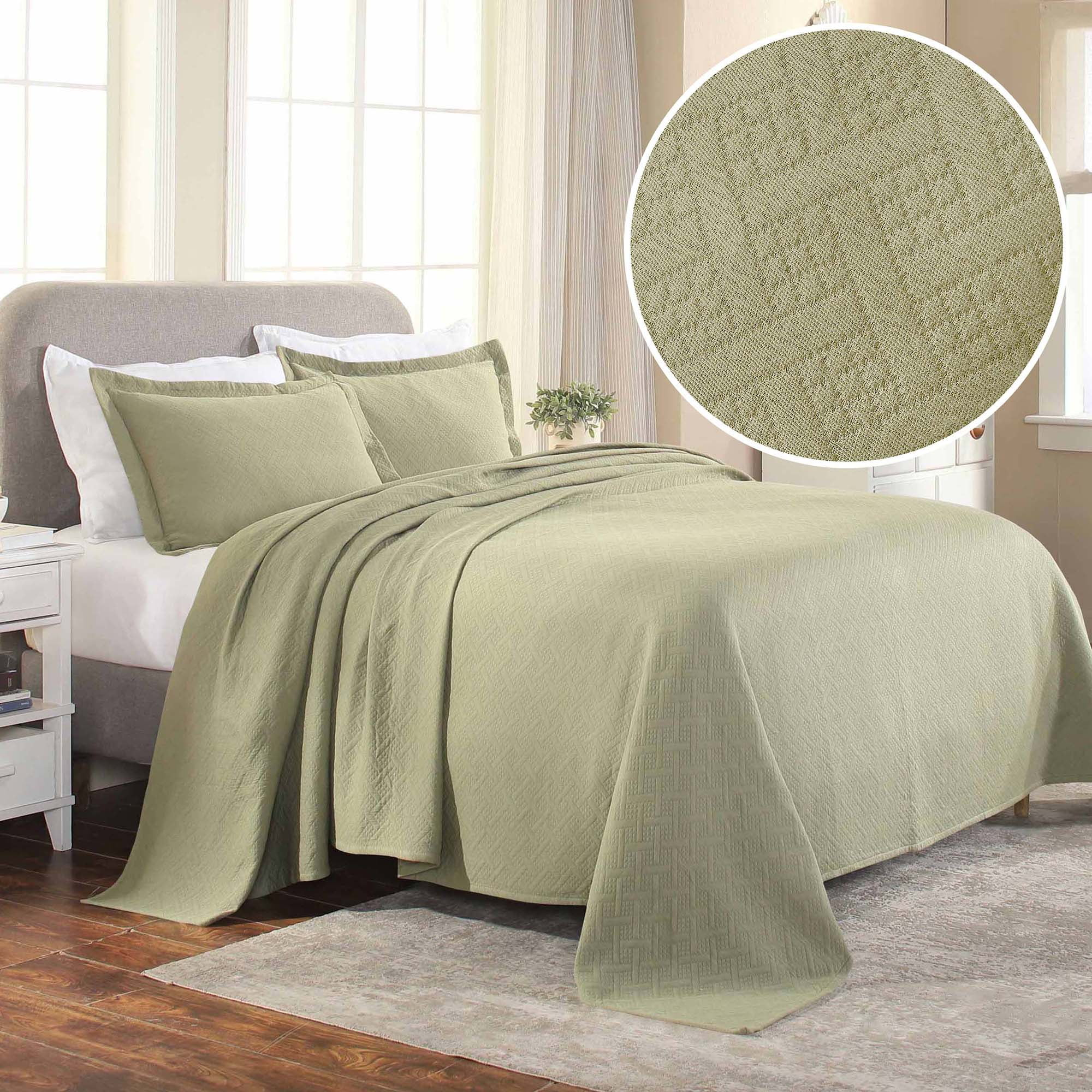 Superior Basketweave Cotton Decorative Bedspread and Sham Set, Queen, Sage