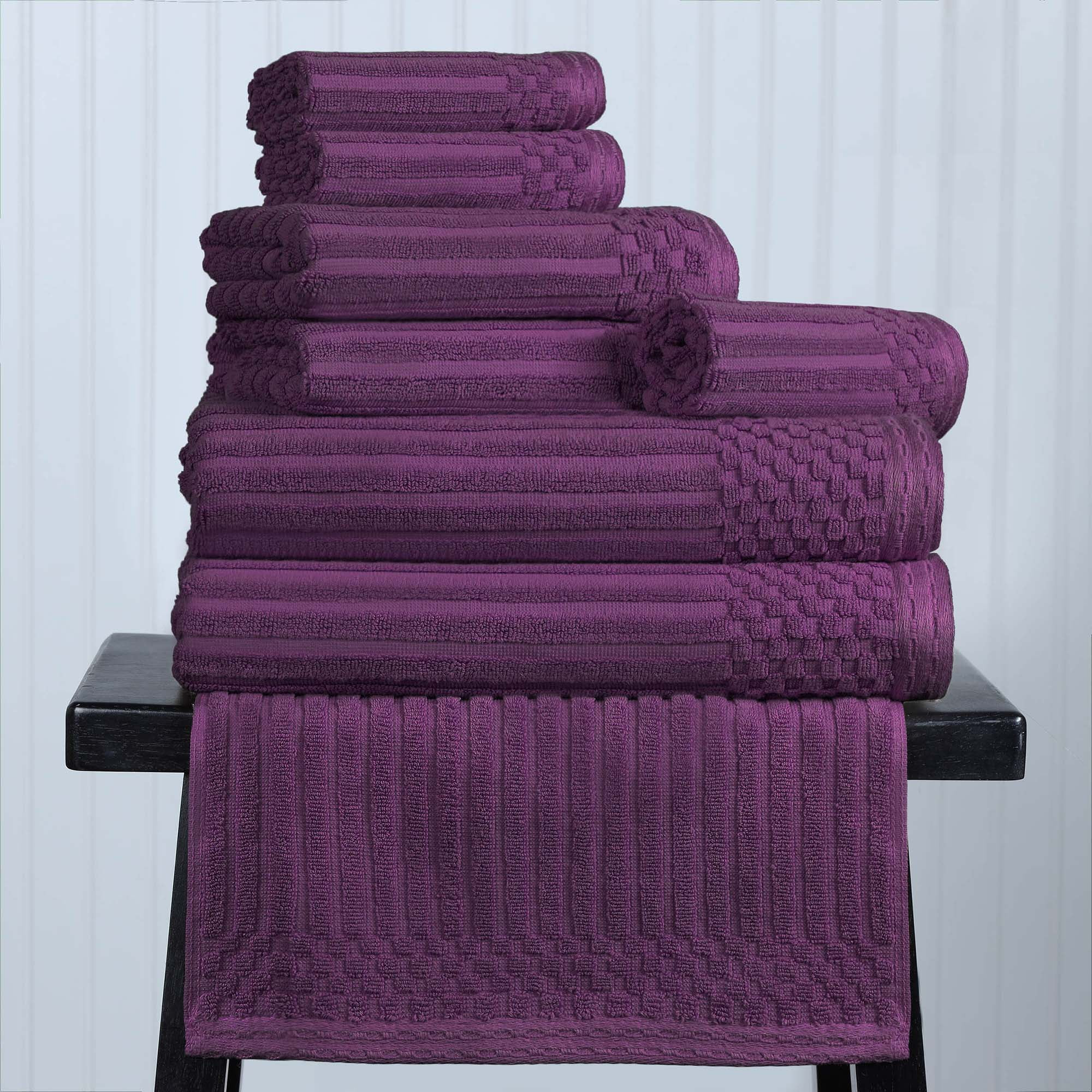 Superior Soho Cotton Ribbed Checkered 8 Piece Towel Set, Plum