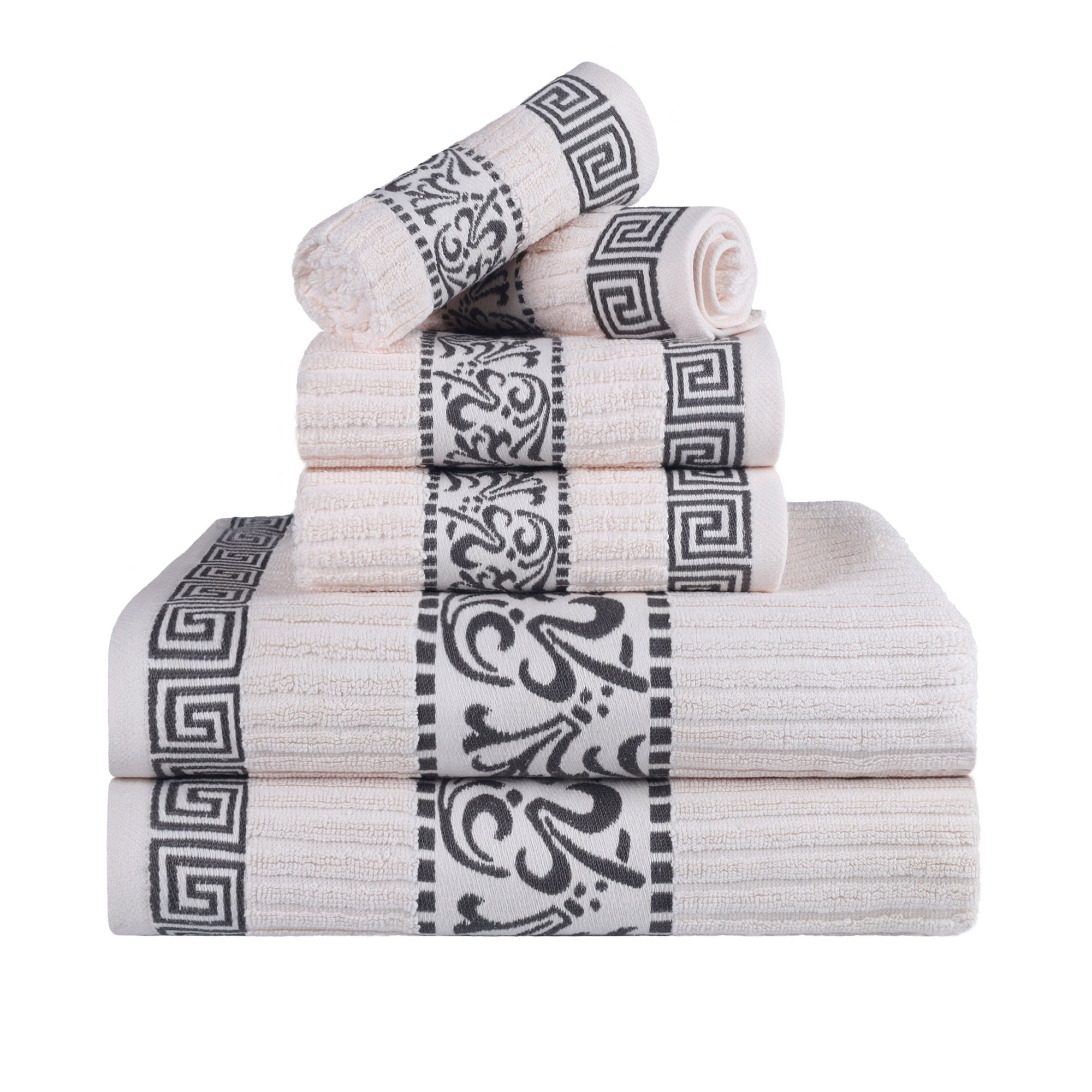Superior Athens 6-Piece Cotton Greek Scroll Towel Set, Ivory-Gray