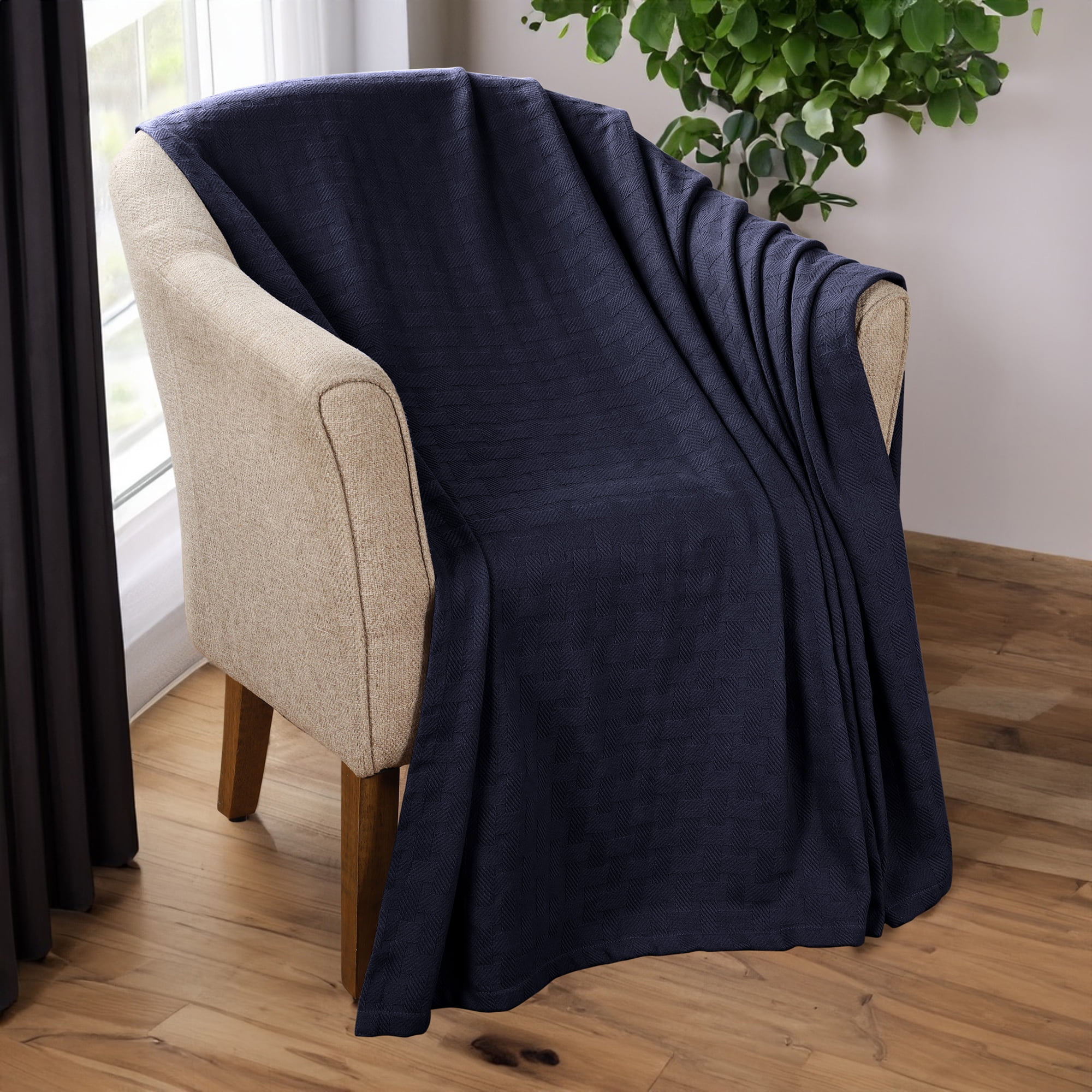Superior Basketweave All-Season Cotton Blanket, Throw (Non-Standard), Navy Blue
