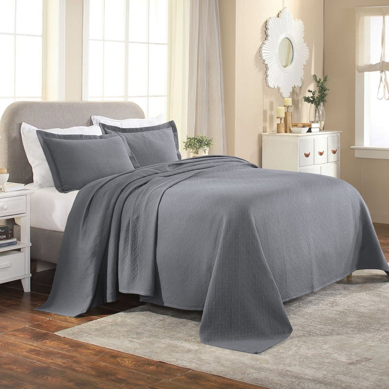 Superior Basketweave Cotton Decorative Bedspread and Sham Set, Queen, Gray