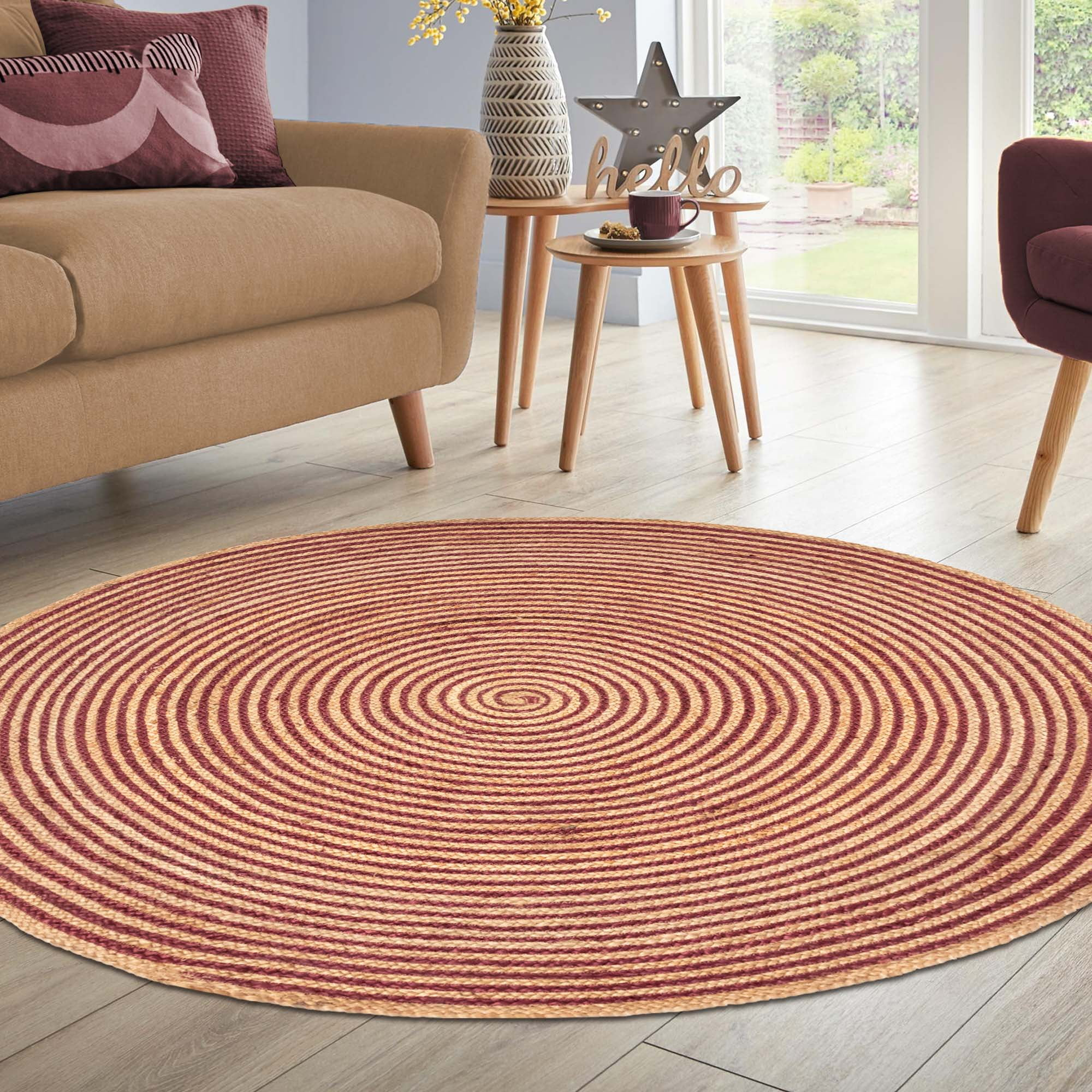 Superior Braided Jute Handwoven Indoor Outdoor Area Rug, 8' Round, Burgundy