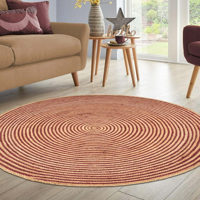 Superior Braided Jute Handwoven Indoor Outdoor Area Rug, 8' Round, Burgundy
