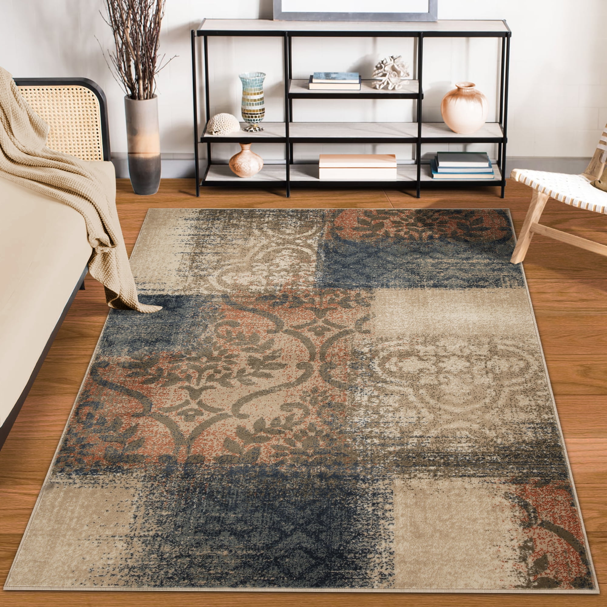 Superior Bristol 8' x 10' Indoor Area Rug, Damask Rugs for Living Room Bedroom, Midnight Navy-Salmon