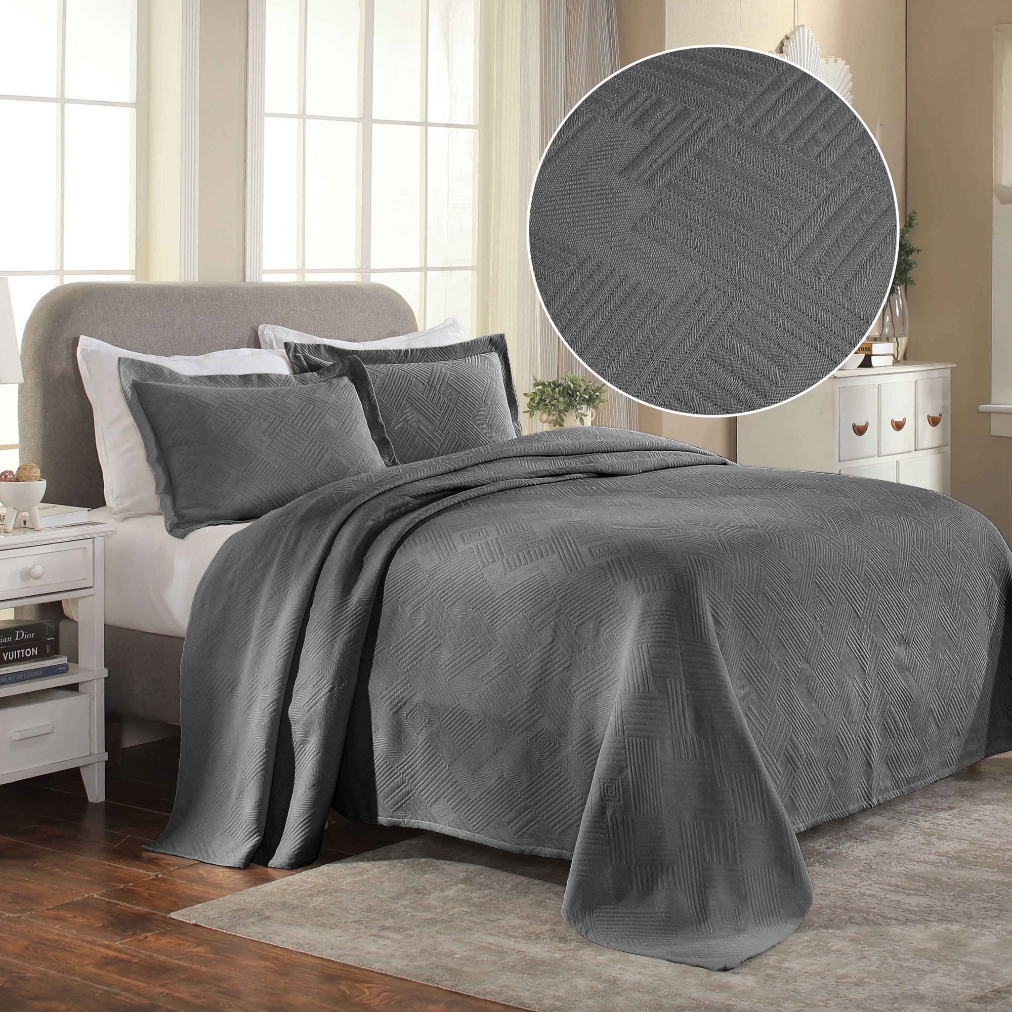 Superior Geometric Fret Cotton Decorative Bedspread and Sham Set, King, Charcoal