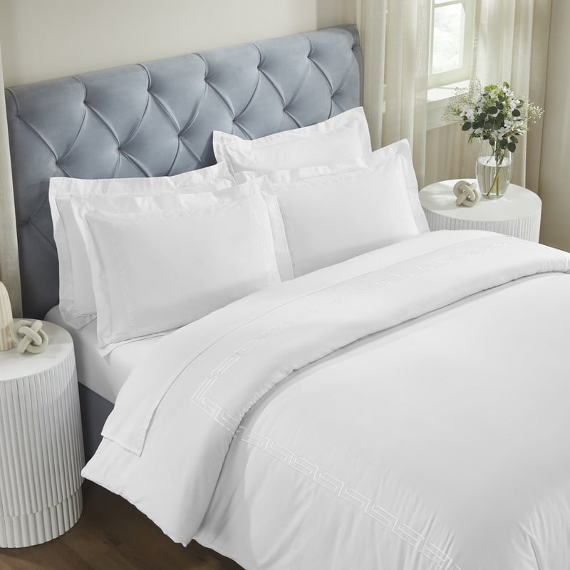Superior Harrison Embroidered Cotton Duvet Cover Set, Full/Queen, White/White