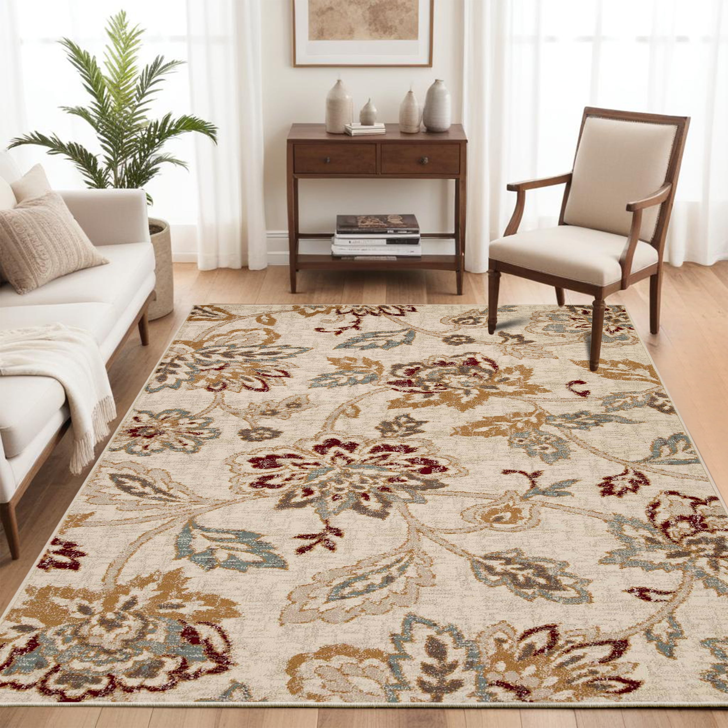 Superior Jacobean Floral Indoor Area Rug, 5' x 8', Stone