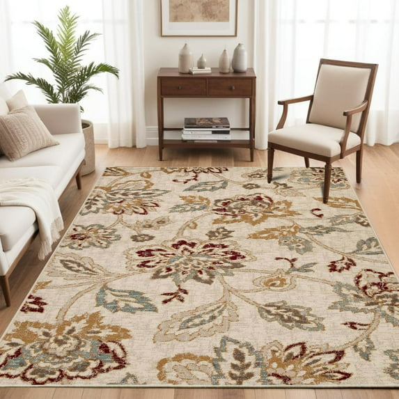 Superior Jacobean Floral Indoor Area Rug, 5' x 8', Stone