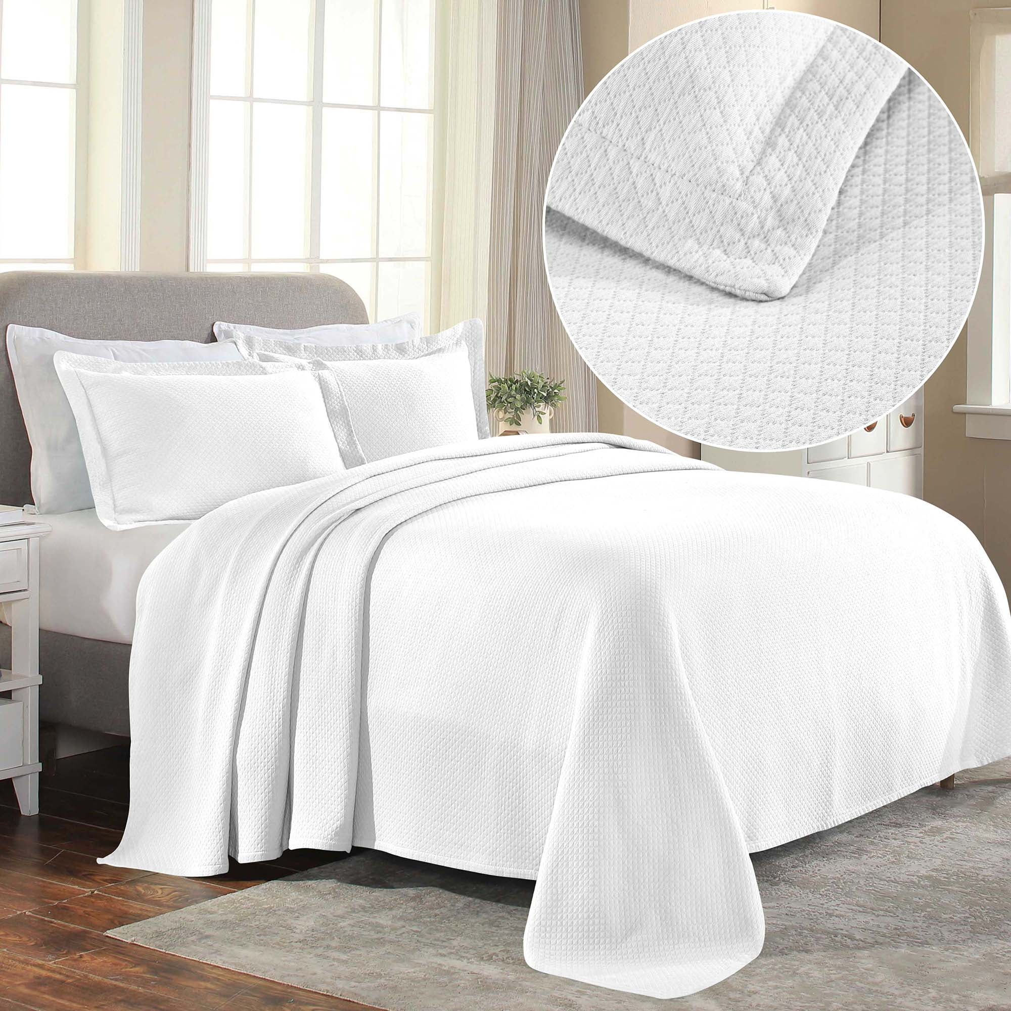 Superior Solitaire Cotton Decorative Bedspread and Sham Set, Queen, White