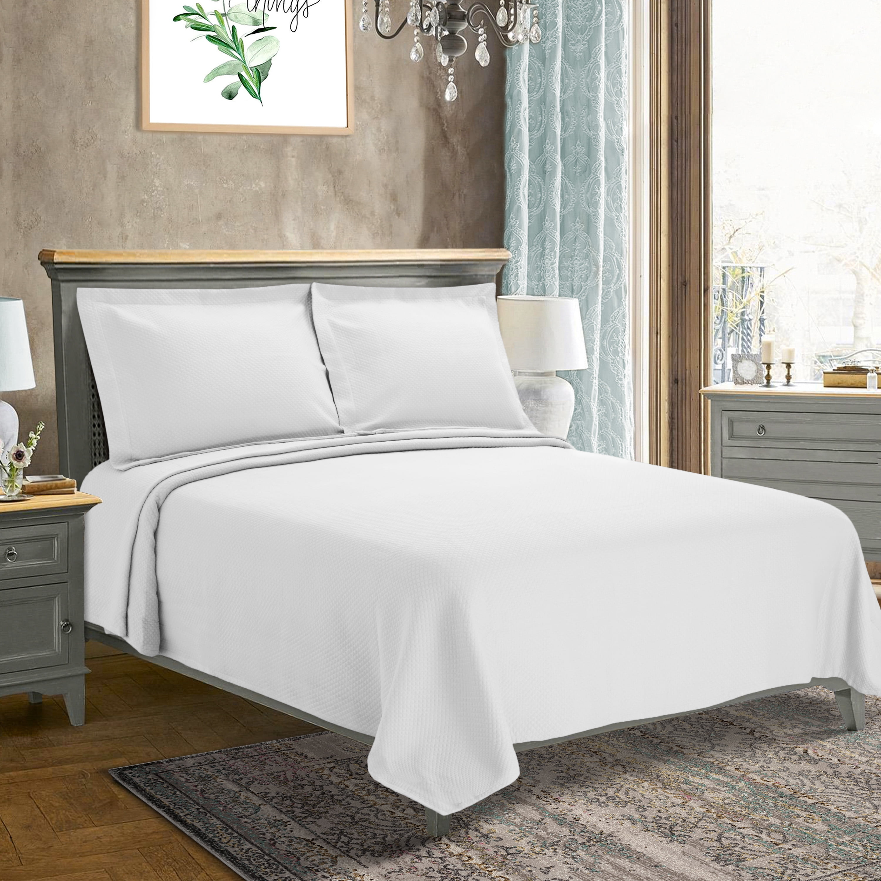 Superior Solitaire Cotton Decorative Bedspread and Sham Set, Queen, White