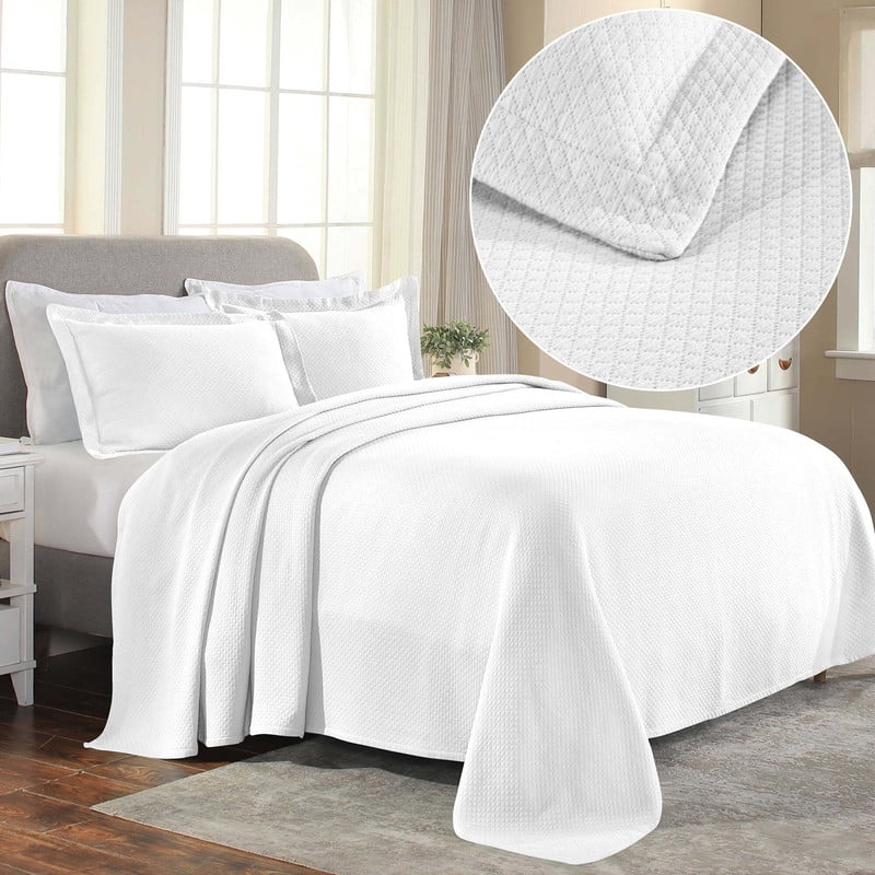 Superior Solitaire Cotton Decorative Bedspread and Sham Set, Queen, White