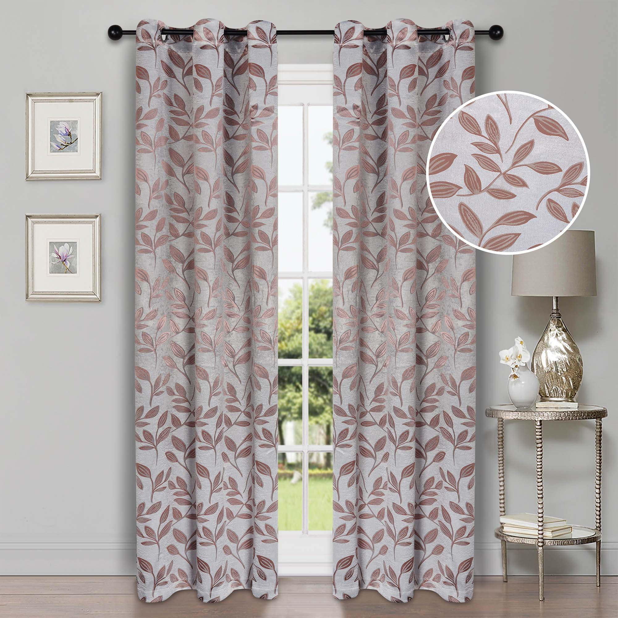 Superior Blackout Leaves Light Filtering Grommet Curtain Panel Set, 42"x108", Champagne