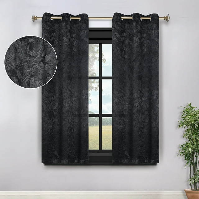Superior Blackout Leaves Light Filtering Grommet Curtain Panel Set, 42"x63", Black