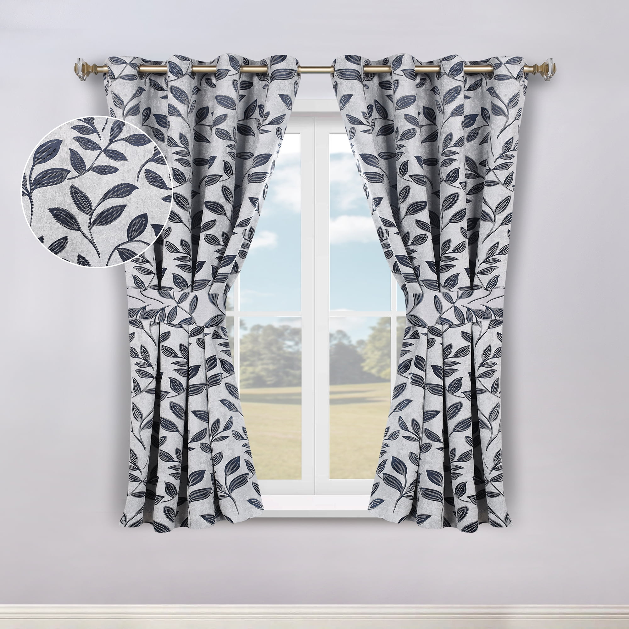 Superior Leaves Blackout Curtains, Set of 2, 46" X 63", White-Navy