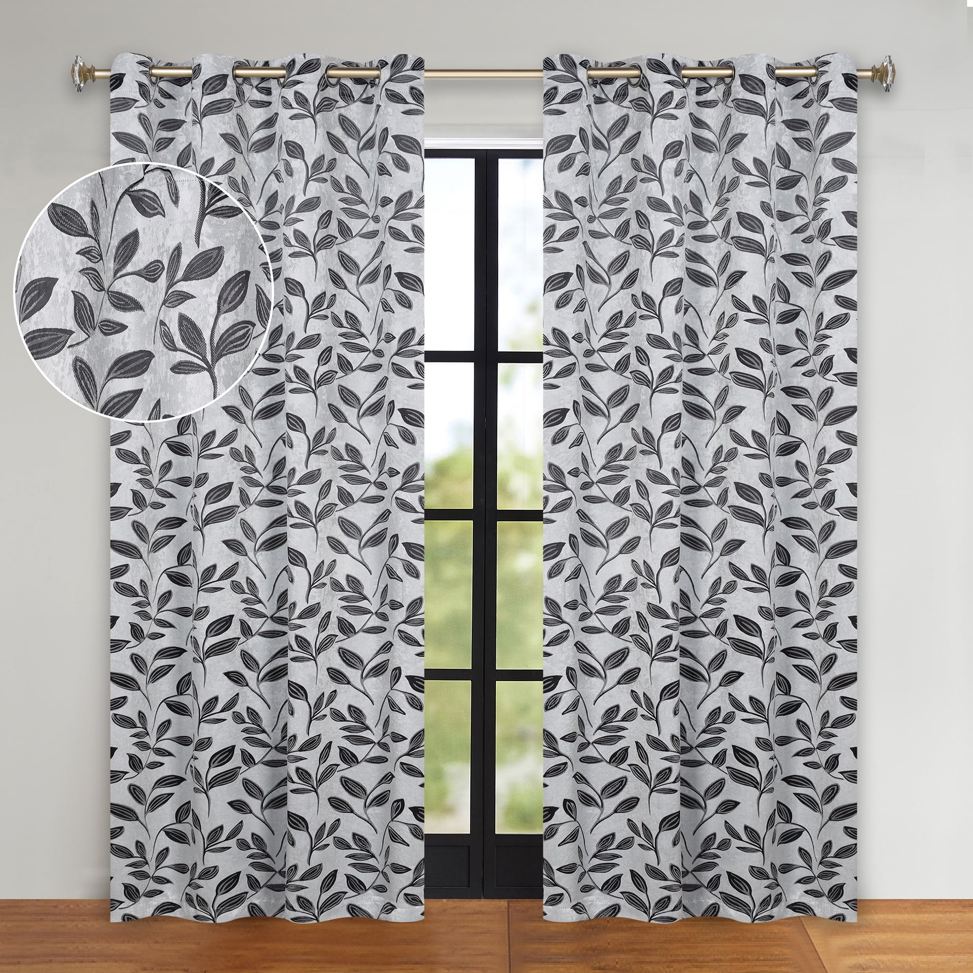 Superior Leaves Blackout Curtains, Set of 2, 52" X 96", Silver-Black