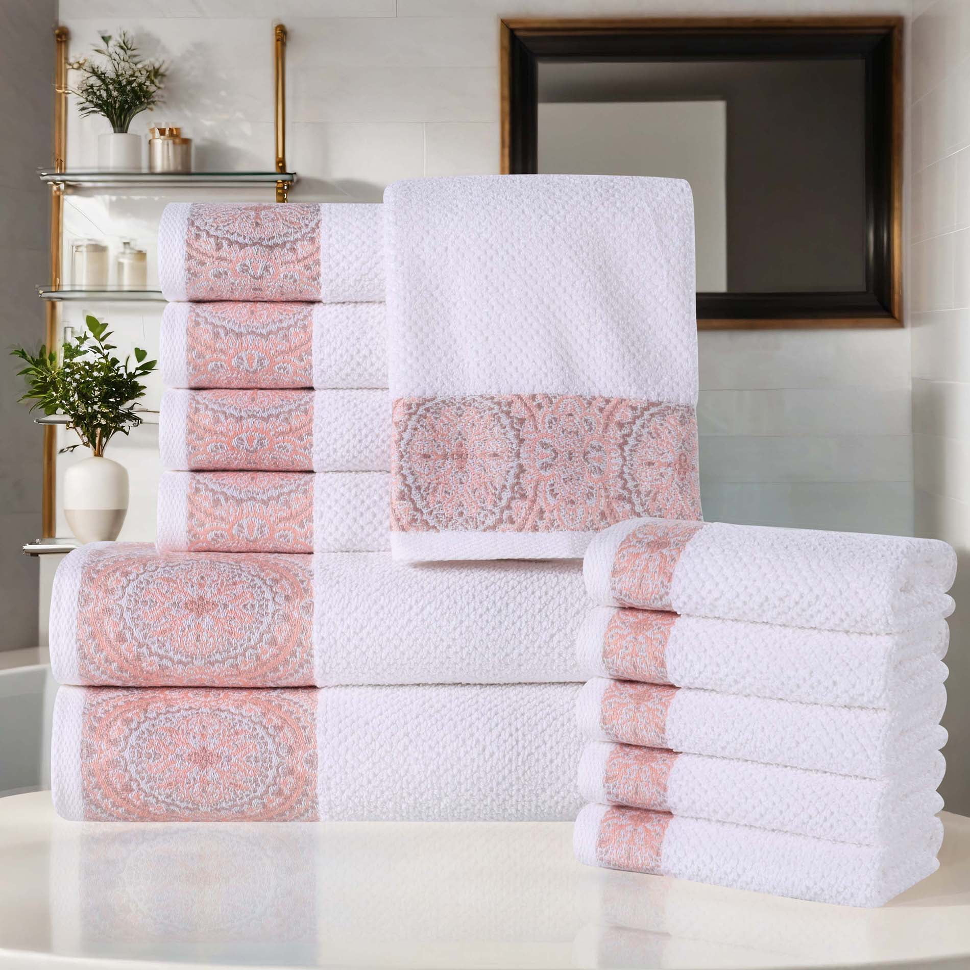 Superior Medallion Cotton 12 Piece Towel Set, White/ Emberglow