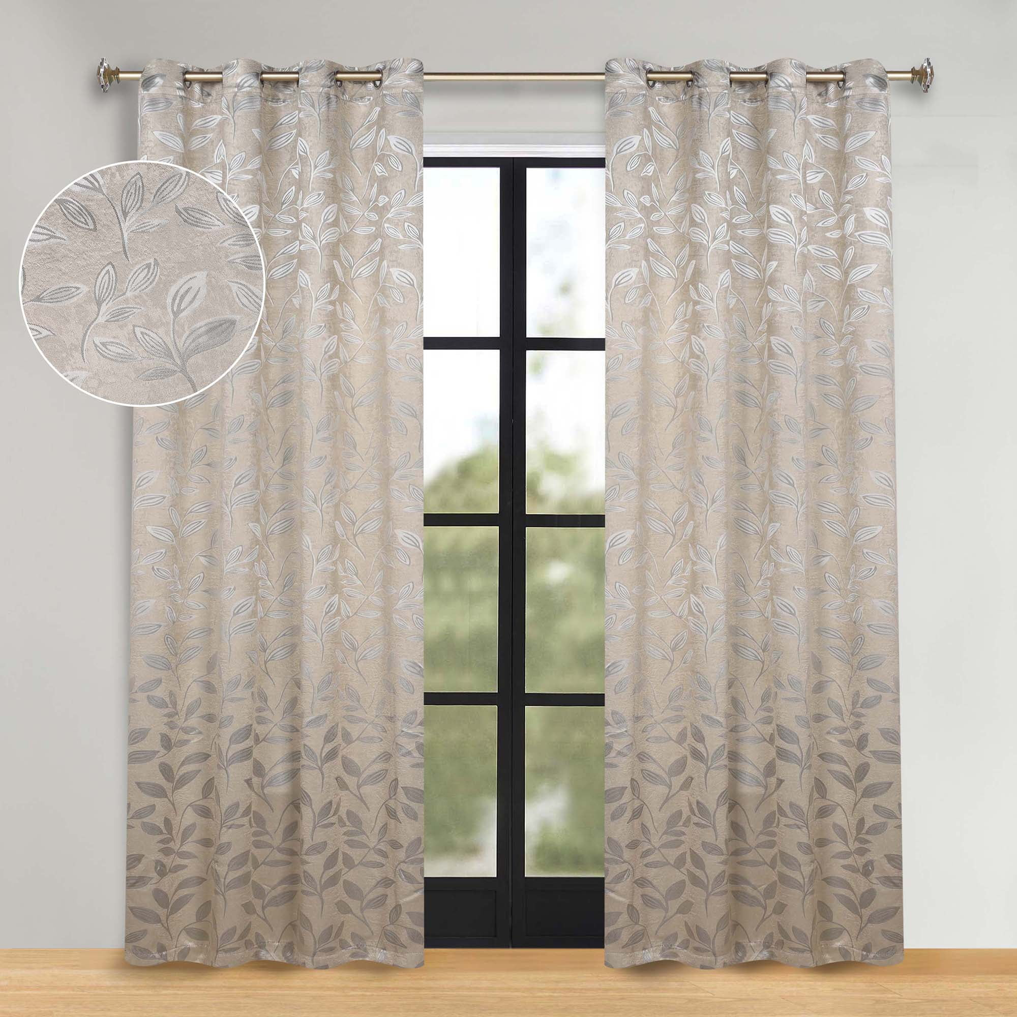Superior Leaves Blackout Curtain Panel, 8 Grommets, Set of 2, 52" W x 96" L, Ivory