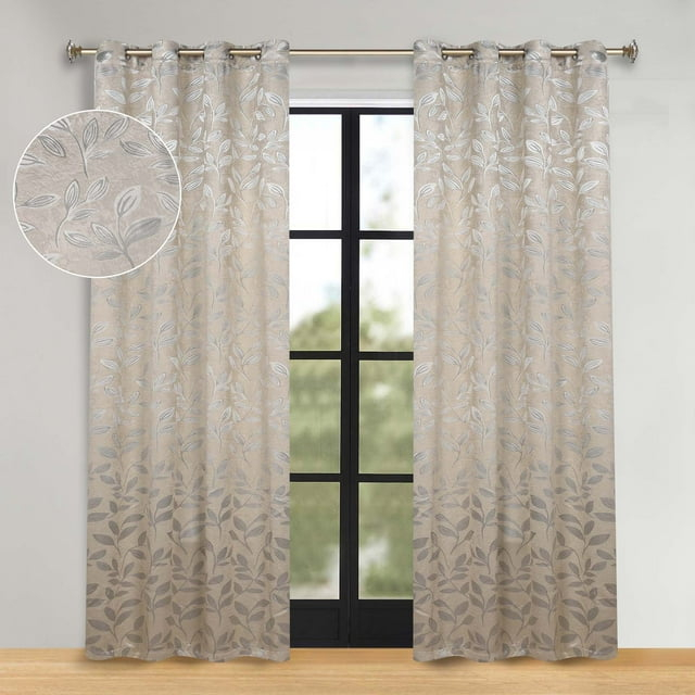 Superior Leaves Blackout Curtain Panel, 8 Grommets, Set of 2, 52" W x 96" L, Ivory