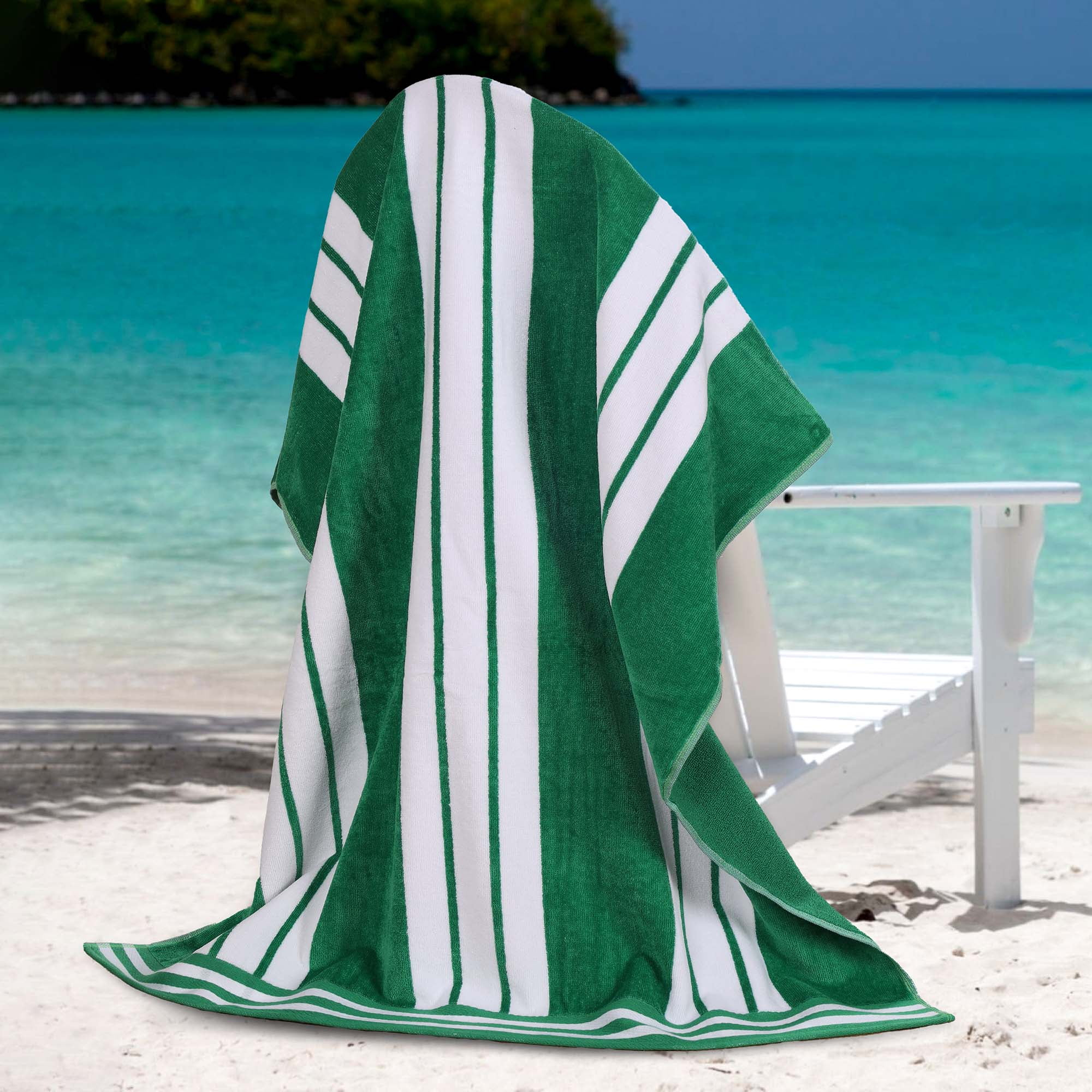Superior Cotton Striped Oversized Beach Towel, 34" x 64", Dark Green