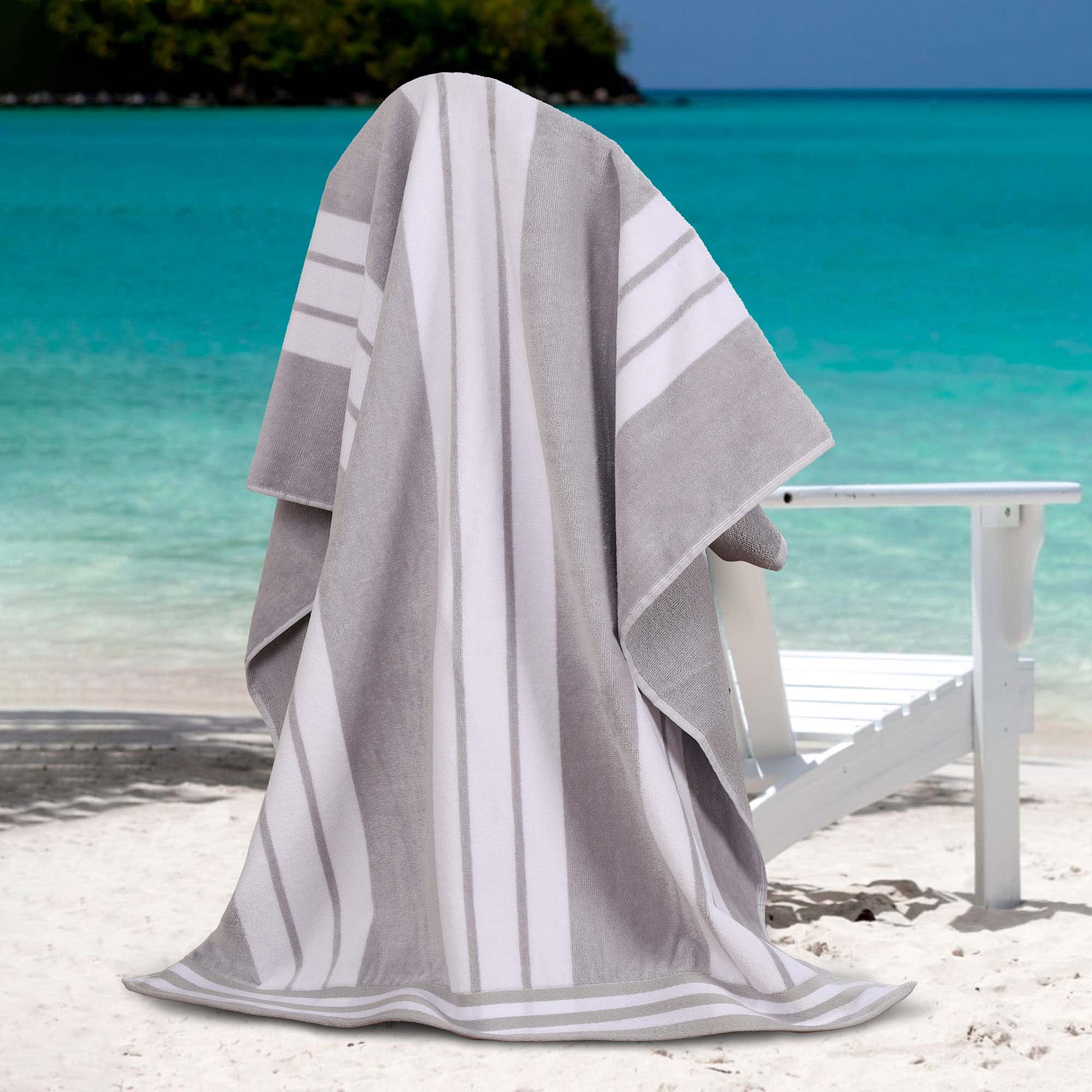 Superior Cotton Striped Oversized Beach Towel, 34" x 64", Light Grey