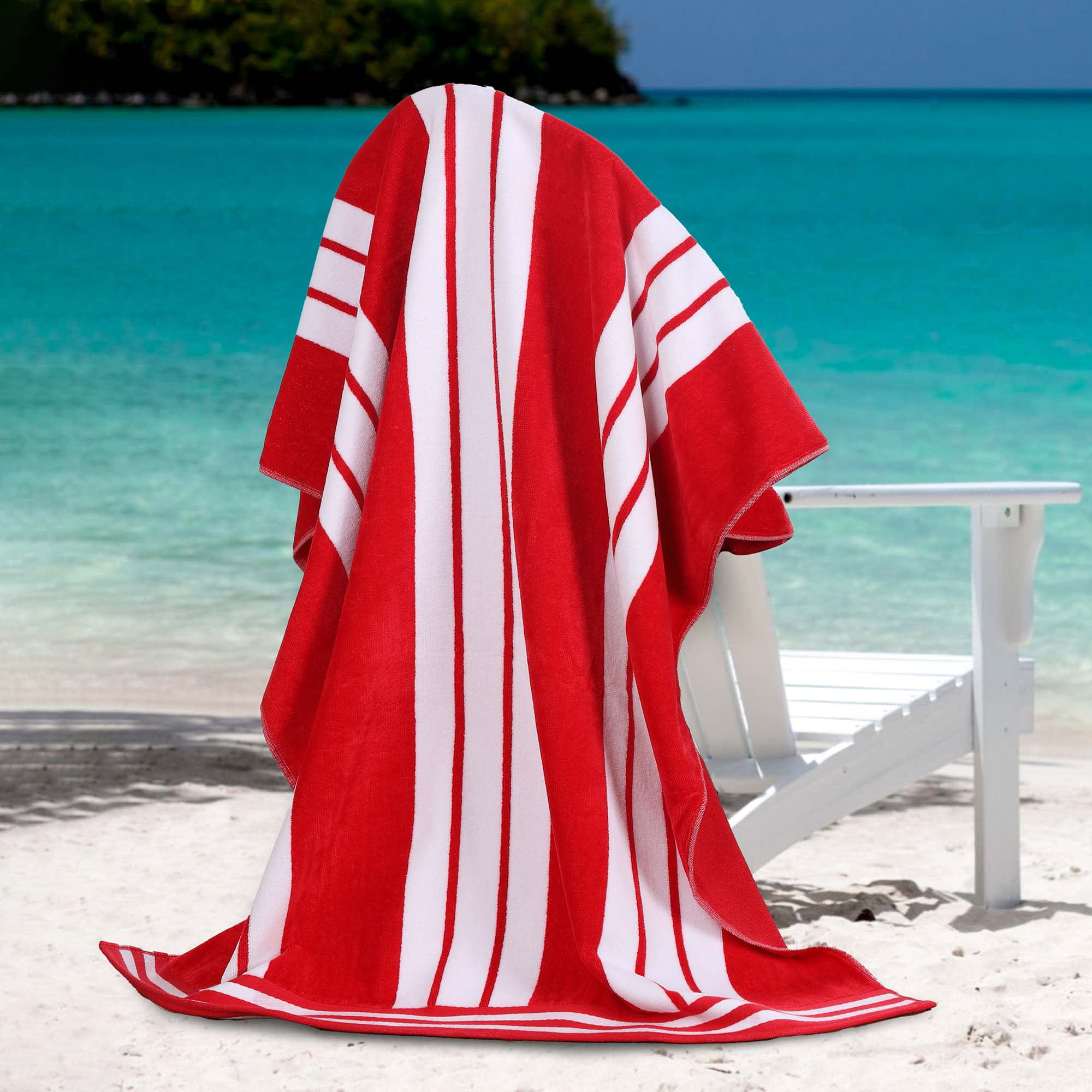 Superior Cotton Striped Oversized Beach Towel, 34" x 64", Red