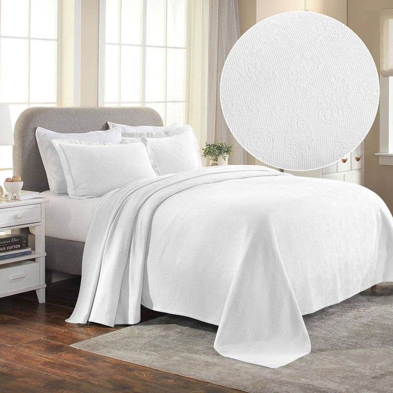 Superior Paisley Cotton Decorative Bedspread and Sham Set, King, White