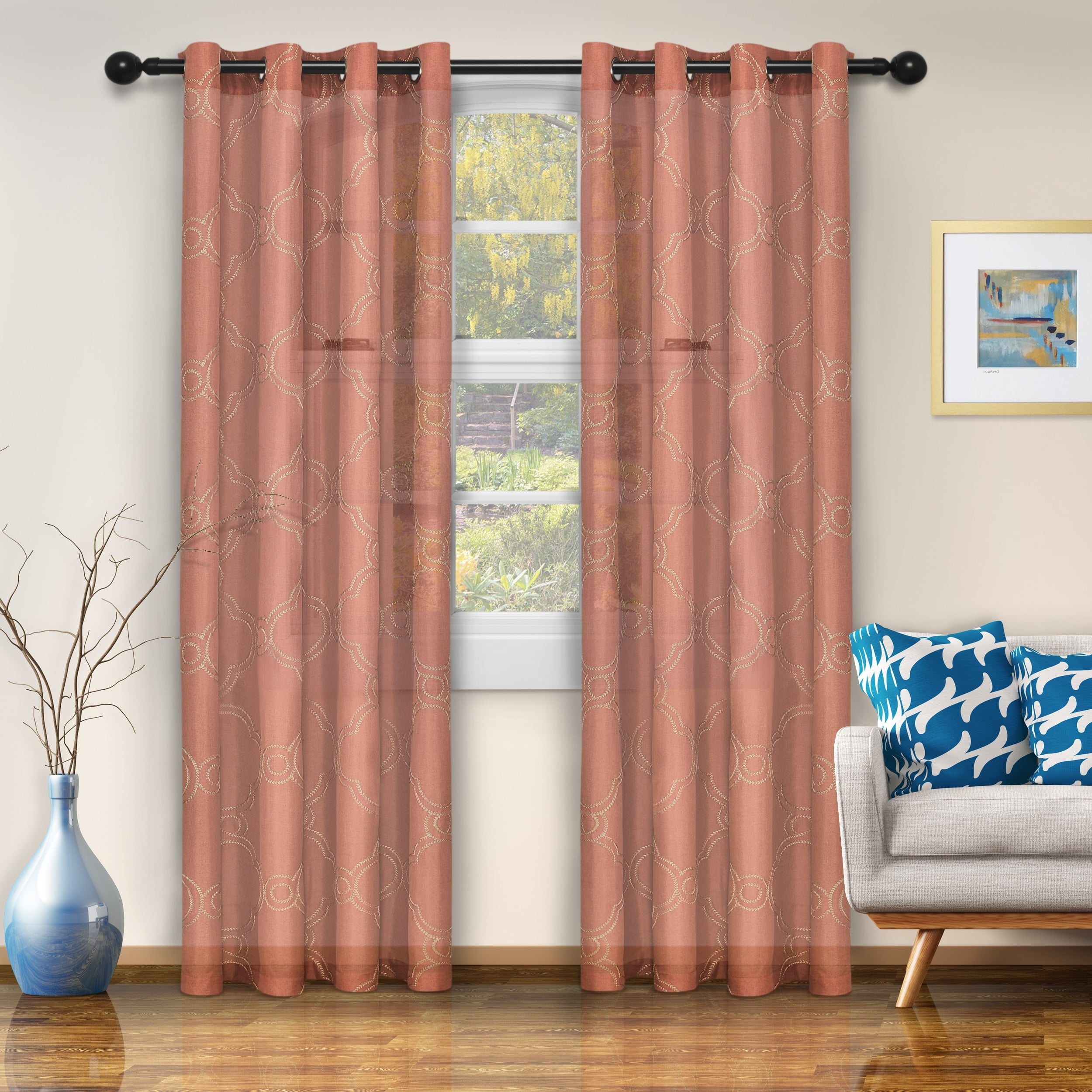 Superior Semi-Sheer Moroccan Printed Curtain Set of 2, 52" x 84", Rust