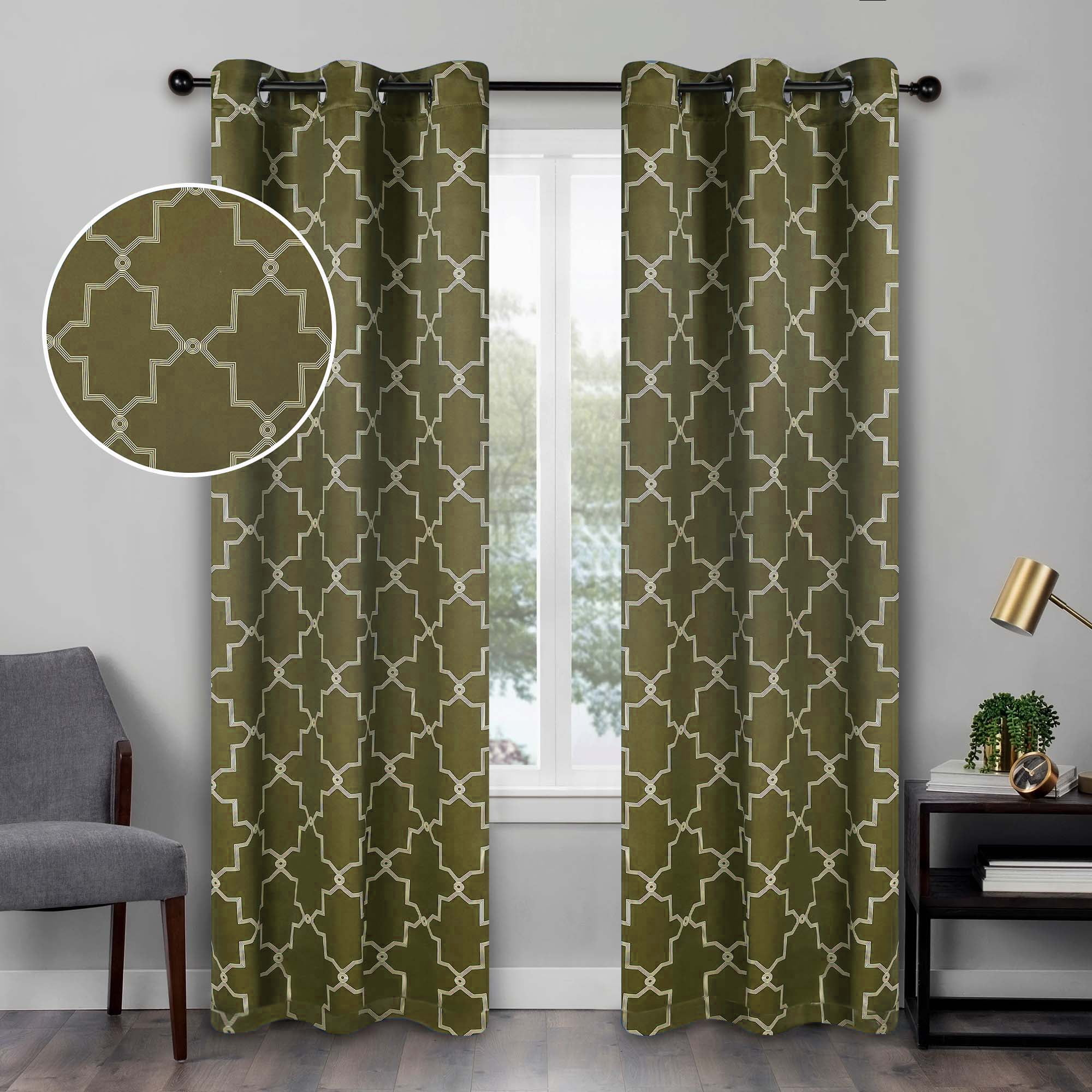 Superior Trellis Blackout Curtains, Rod Pocket, Set of 2, 42" x 96", Olive Green