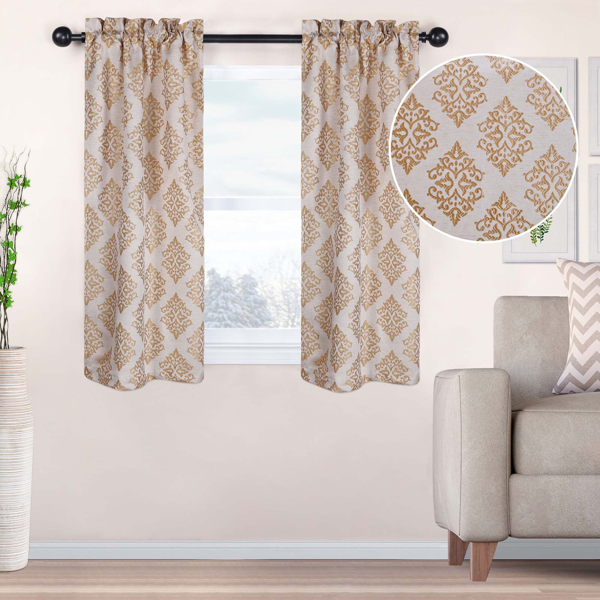 Superior Venetian Damask Jacquard Rod Pocket Curtain Panel, Set of 2, 26" x 63", Gold