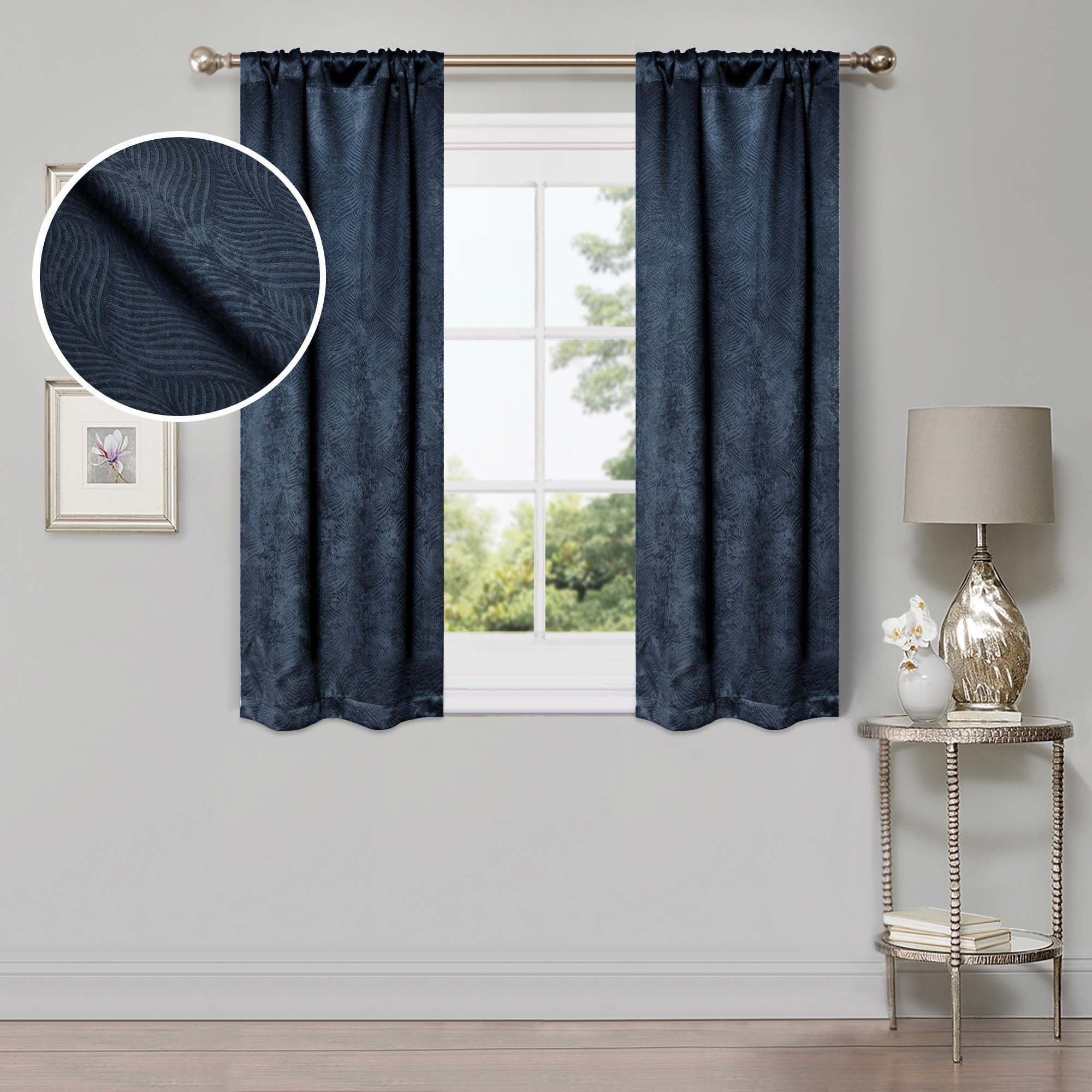 Superior Waverly Blackout Curtains, Rod Pocket, Set of 2, 26" x 63", Navy Blue