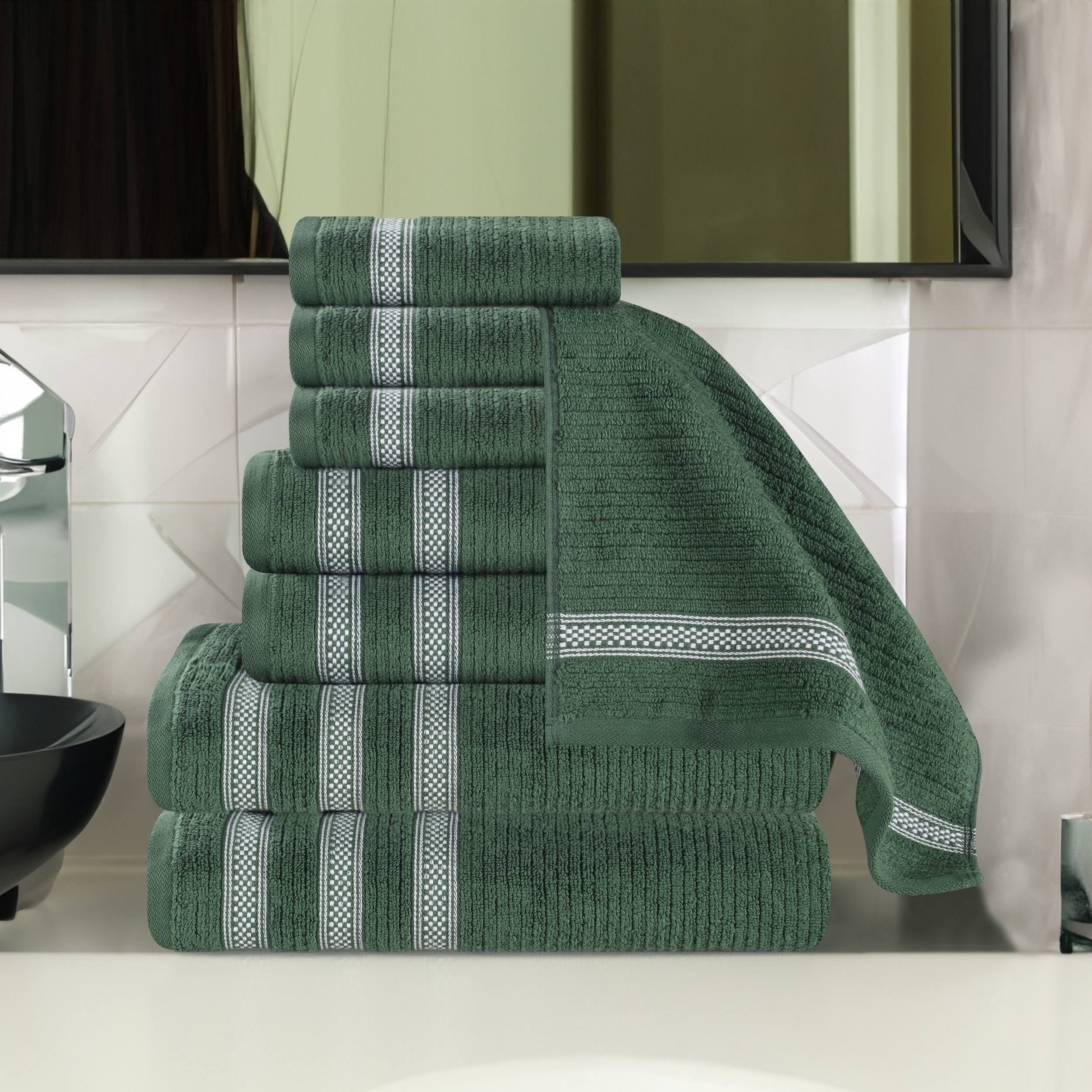 Superior Zero Twist Cotton Ribbed Geometric 8-Piece Towel Set, Forest Green