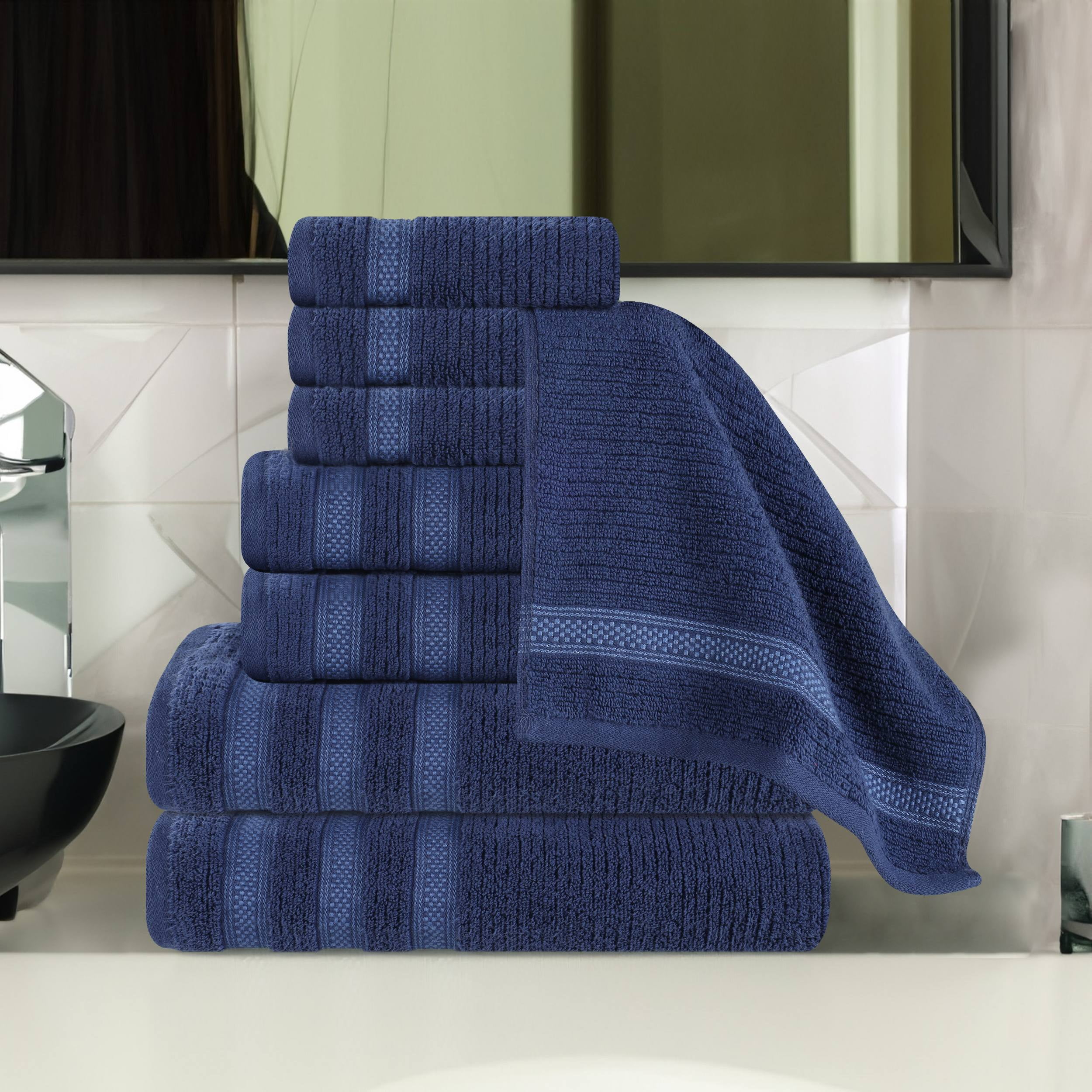 Superior Zero Twist Cotton Ribbed Geometric 8-Piece Towel Set, Navy Blue
