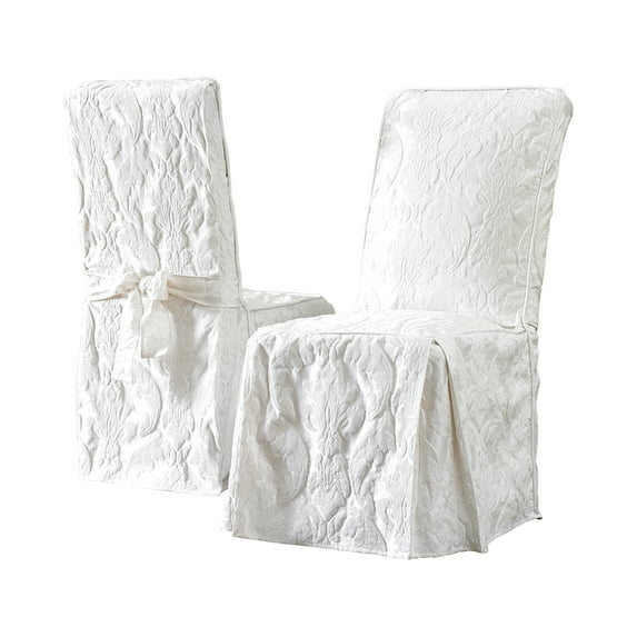 SureFit Matelasse Damask Long Dining Chair Slipcover, Furniture Cover for Dining Chair, Machine Washable, White