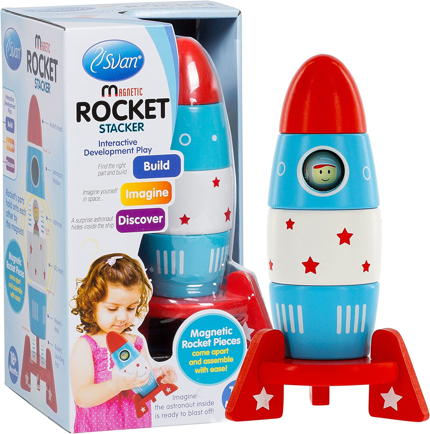 Svan Wooden Stacker Toy Space Rocket- 6 Magnetic Stacking Pieces-Building Set with Surprise Astronaut Inside, Hands On Game for Kids, Interactive Play