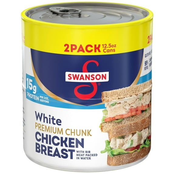 (2 Pack) Swanson White Premium Chunk Canned Chicken Breast in Water, Fully Cooked Chicken, 12.5 oz Can