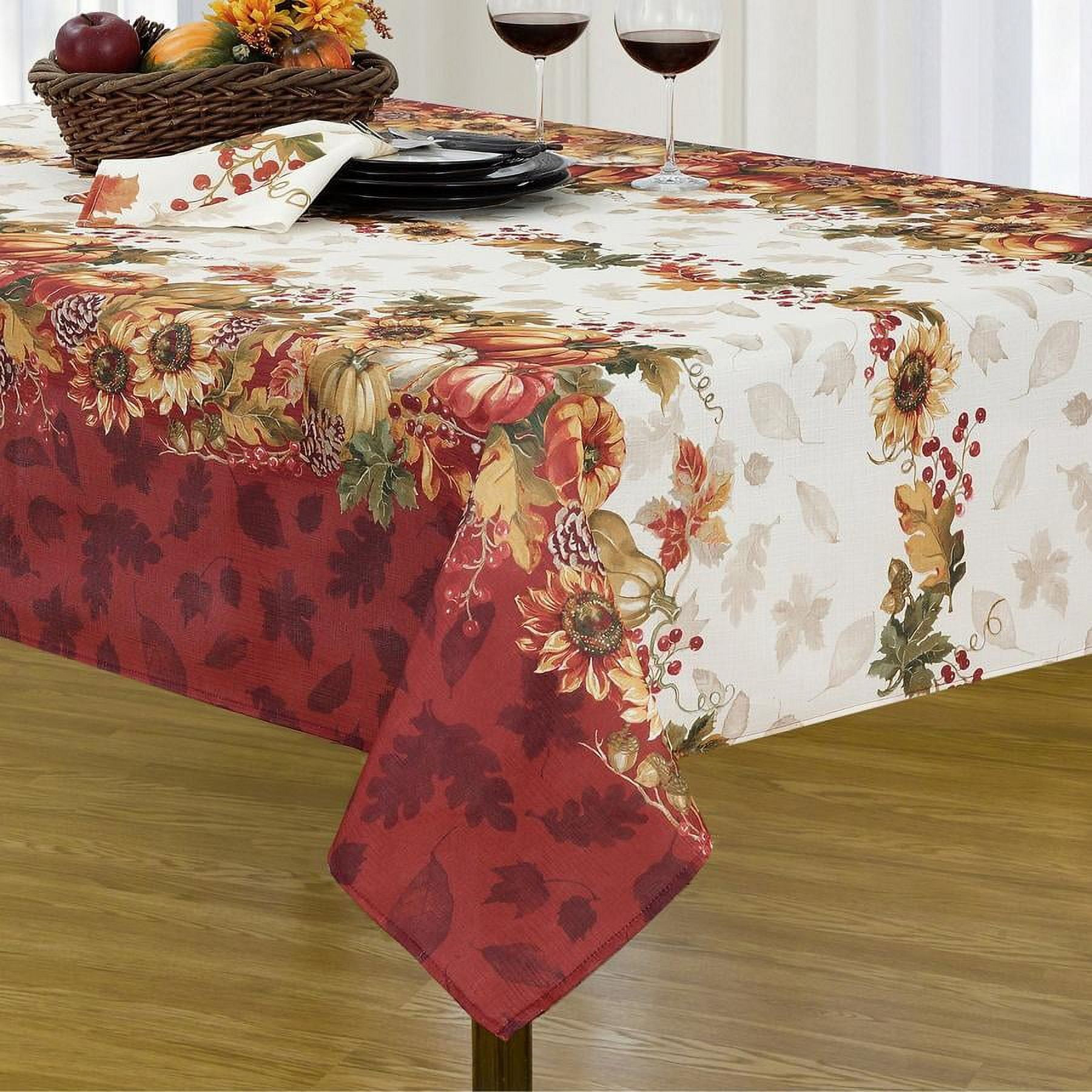Swaying Leaves Bordered Fall Tablecloth - 52" x 70" - Red/White - Elrene Home Fashions