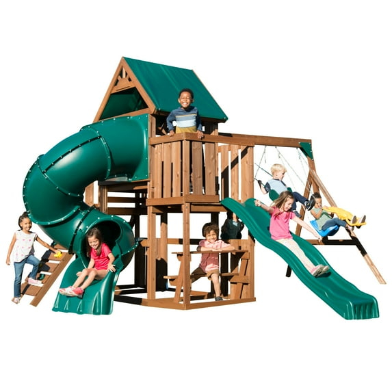 Swing-N-Slide Tellico Terrace Wooden Backyard Swing Set with Tube Slide, Wave Slide, Climbing Wall, and Swings