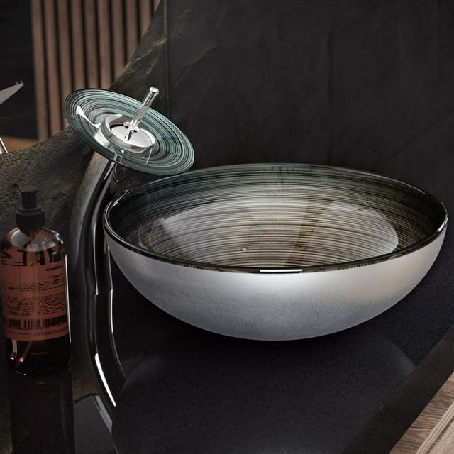 Swiss Madison Cascade 16.5 Glass Vessel Sink with Faucet, Smoky Grey