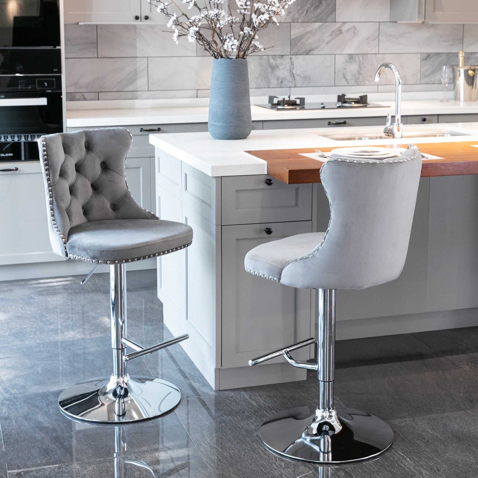 Swivel Bar Stools Set of 2, Adjustable Velvet Counter Height Barstools for Kitchen Island Dining Room, Modern Bar Chairs with Back, Nailheads Trim, Button Tufted