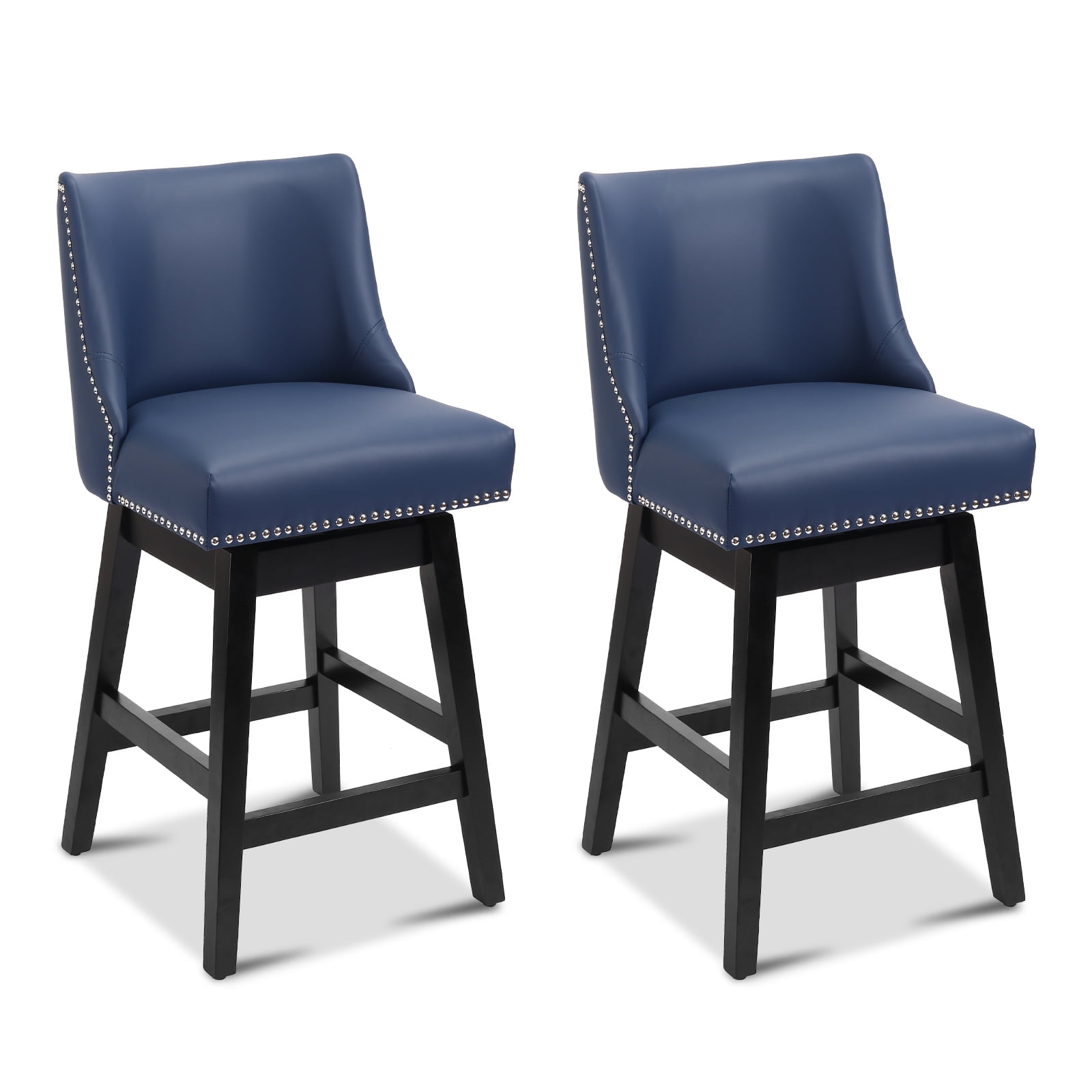 Swivel Bar Stools Set of 2 with Thicker Wood Legs,26" Counter Height Bar Stools,Faux Leather,Blue