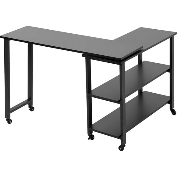 Black Glossy Particle Board Mobile Corner Writing Desk with Drawer
