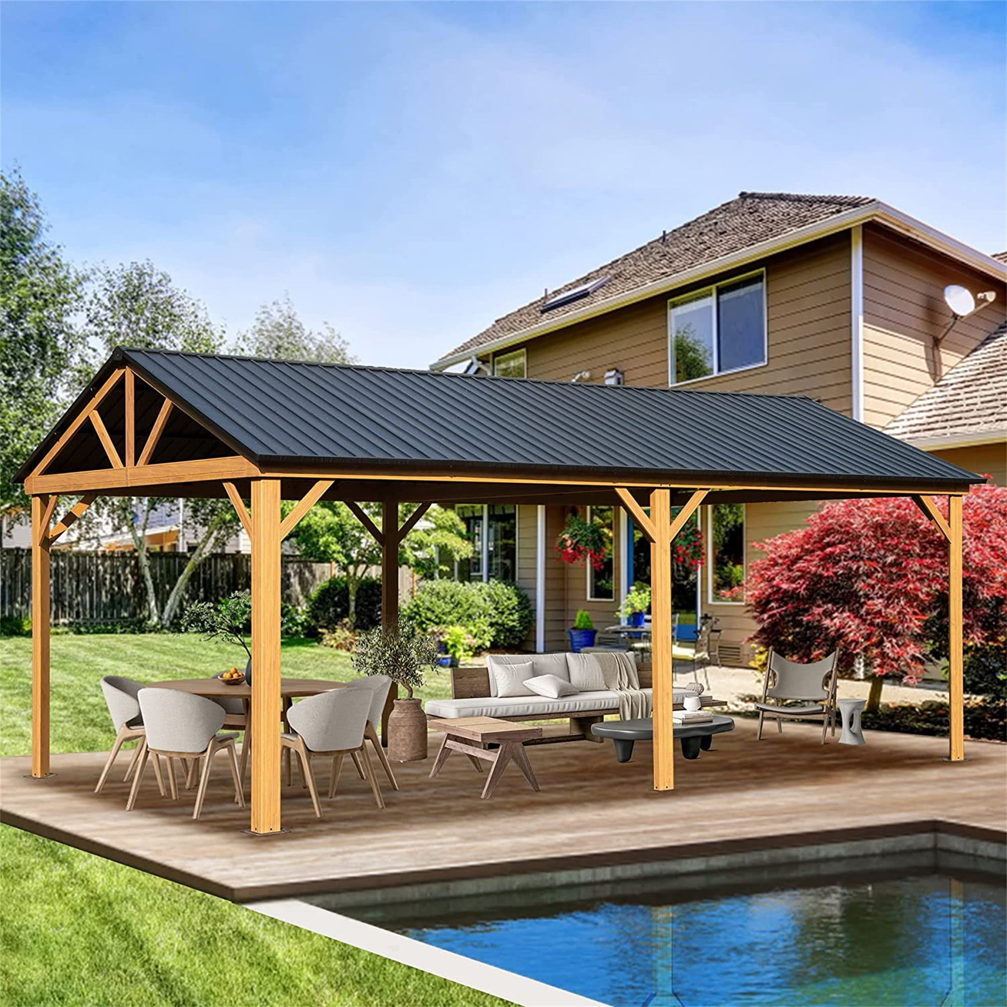 Swonuk 12' x 20' Hardtop Gazebo, Galvanized Steel Gable Roof Gazebo Pergola with Wood Grain Aluminum Frame, Outdoor Permanent Gazebo Pavilion for Patio Garden Lawn Backyard and Deck (Yellow Brown)