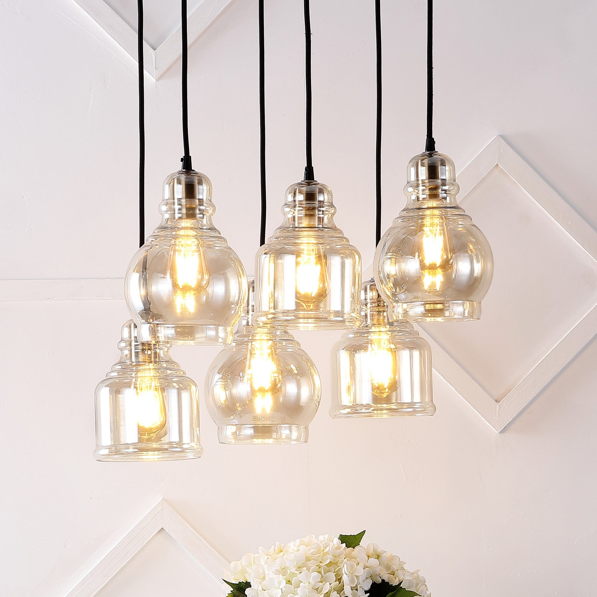 Sydney 18.88" 6-Light Bohemian Farmhouse Iron/Glass Cluster LED Pendant, Nickel/Champagne