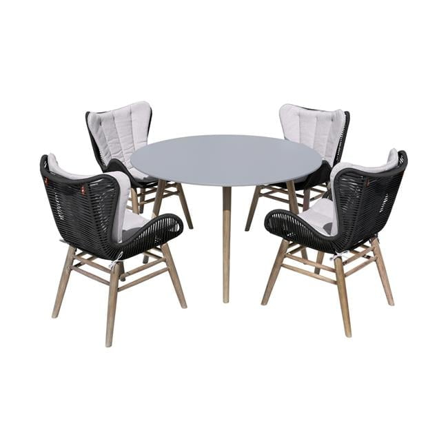 Armen Living Sydney and Armen Living Fanny 5 Piece Outdoor Patio Dining Set in Light Eucalyptus Wood with Charcoal Rope and Grey Cushions